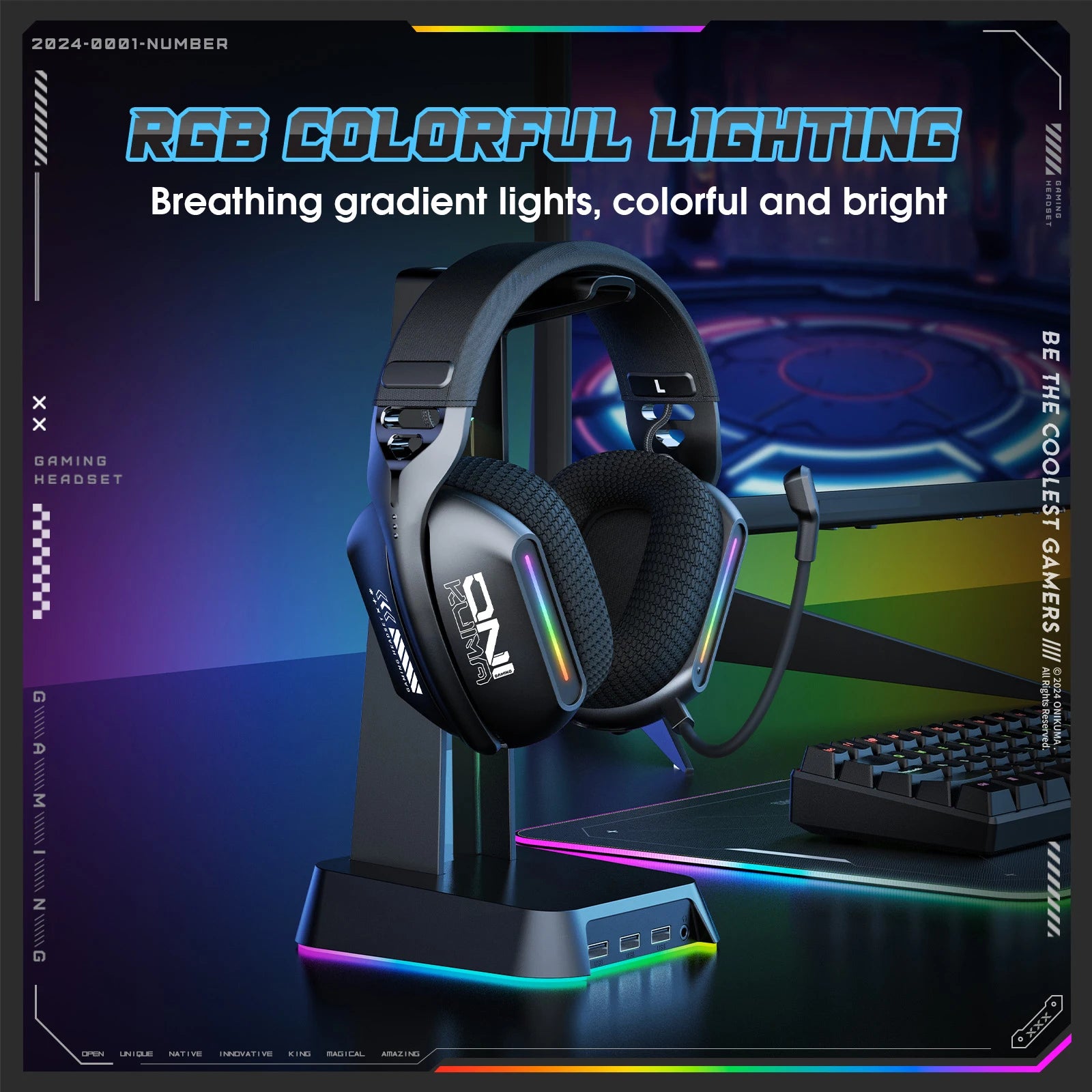 Onikuma Gt808 Three Mode with Mic E-Sports Wireless Gaming Headset Rgb Lighting Supports Bluetooth 5.3 / 2.4g / Aux 3.5mm