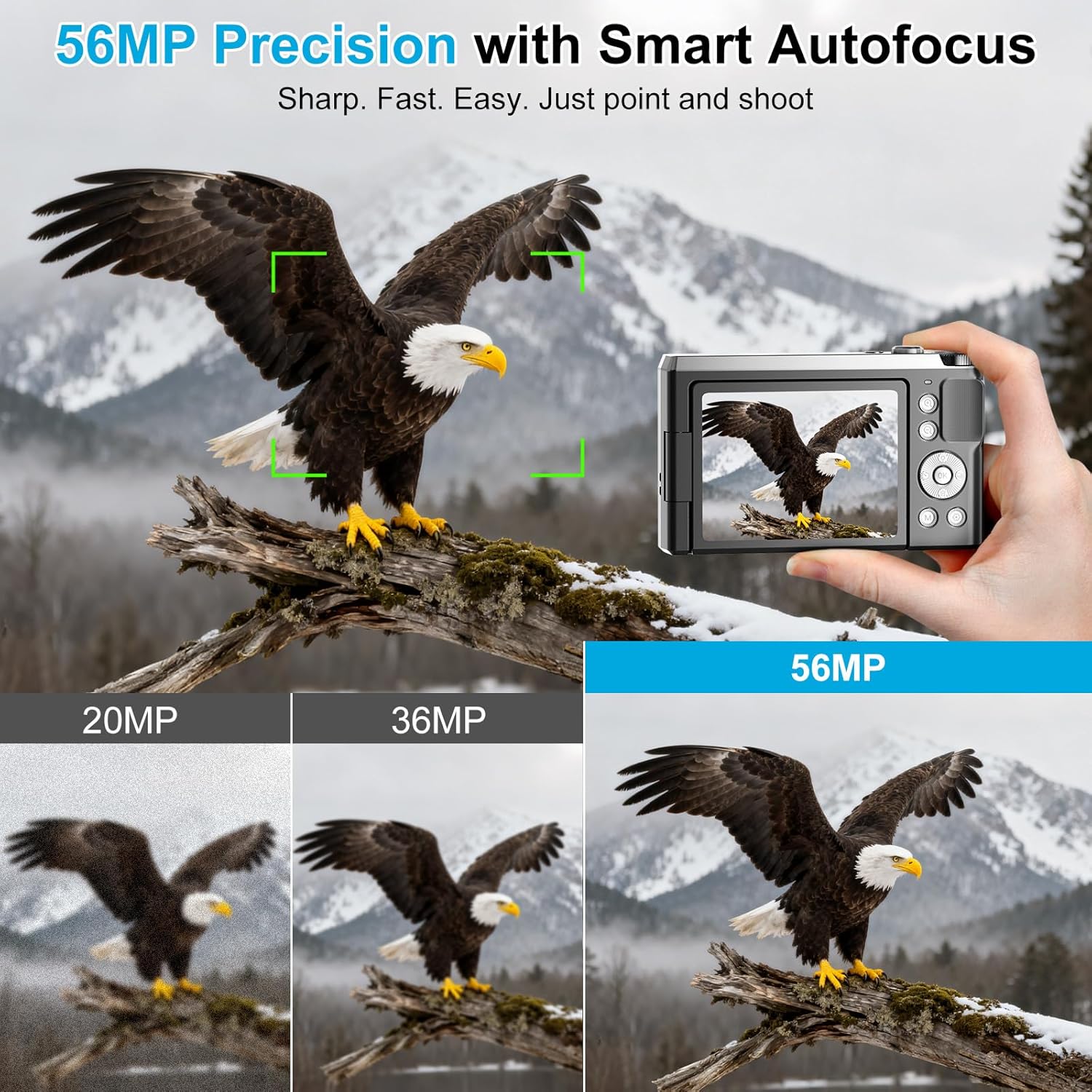 4K Digital Camera for Photography- 56MP Autofocus Vlogging Camera with 3" 180° Flip Screen, 16X Zoom, Flash- Digital Point and Shoot Camera for Travel & Home- Portable Gift for Teens & Beginners