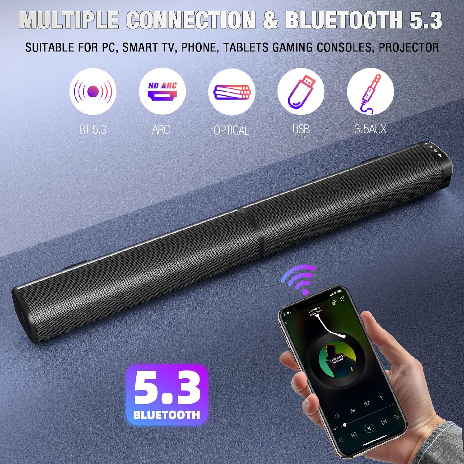 Puriom Sound Bar for Smart TV, 100W Sound Bar with Bluetooth 5.3/ARC/Opt/AUX Connect, 2-in-1 Detachable Home Soundbar, Home Theater Speaker & Bass Effect, for TV/PC/Projectors