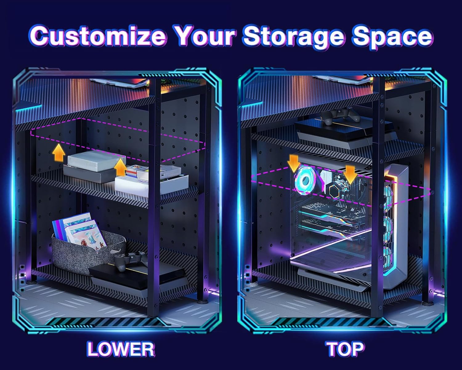 ODK Reversible Gaming Desk LED Lights, 40 Inch Computer Desk with Storage Shelves & Monitor Stand, Study Table for Home Office, Small Space Bedroom, Carbon Fiber Black