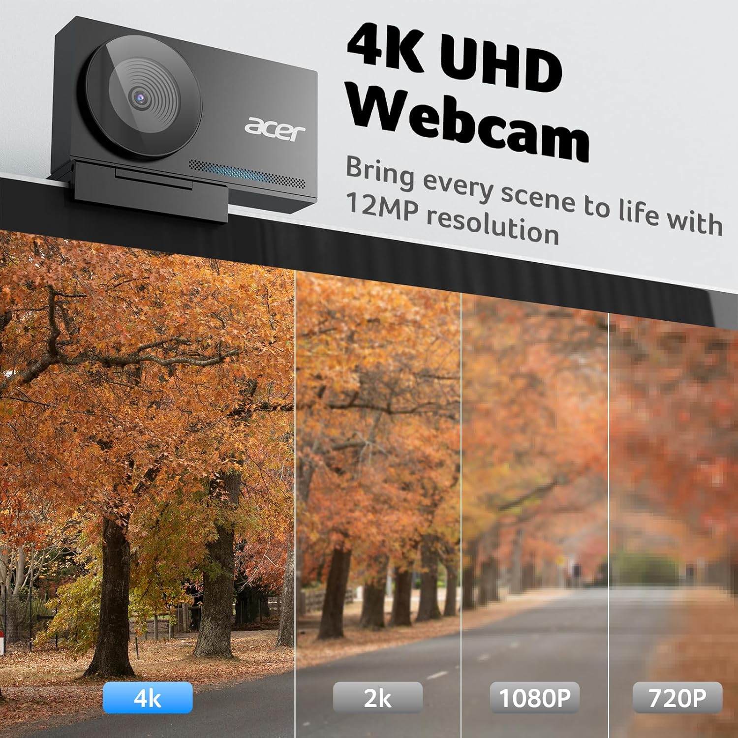 acer 4K Webcam for PC/Mac with All-Metal Unibody Sculpted, Sony 1/2" Sensor, PDAF, 2 Noise Reduction Mics, Privacy Cover, Lightweight, Fast Cooling, Streaming Camera for Live Meeting Commerce Gaming