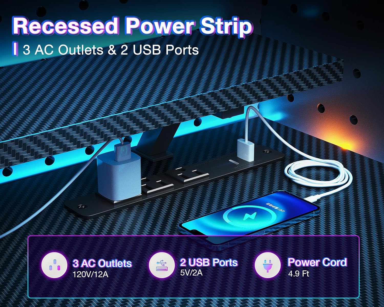 ODK Reversible Gaming Desk LED Lights, 40 Inch Computer Desk with Storage Shelves & Monitor Stand, Study Table for Home Office, Small Space Bedroom, Carbon Fiber Black