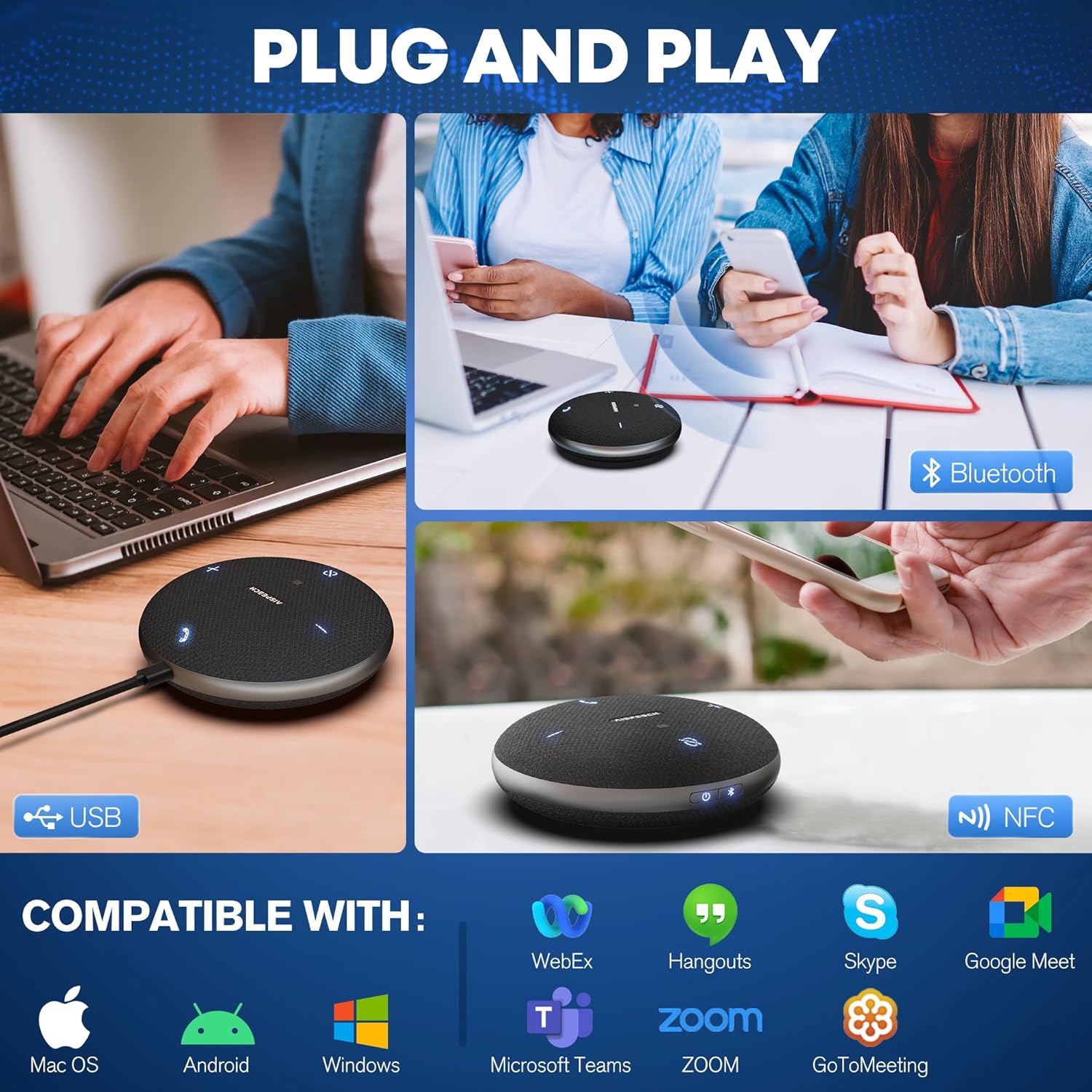 M4 Bluetooth Speakerphone Conference Microphone with AI Noise Reduction Full-Duplex AI Transcription USB Speakerphone 360° Voice Pickup Conference Speaker Home Office for Teams/Zoom, Black