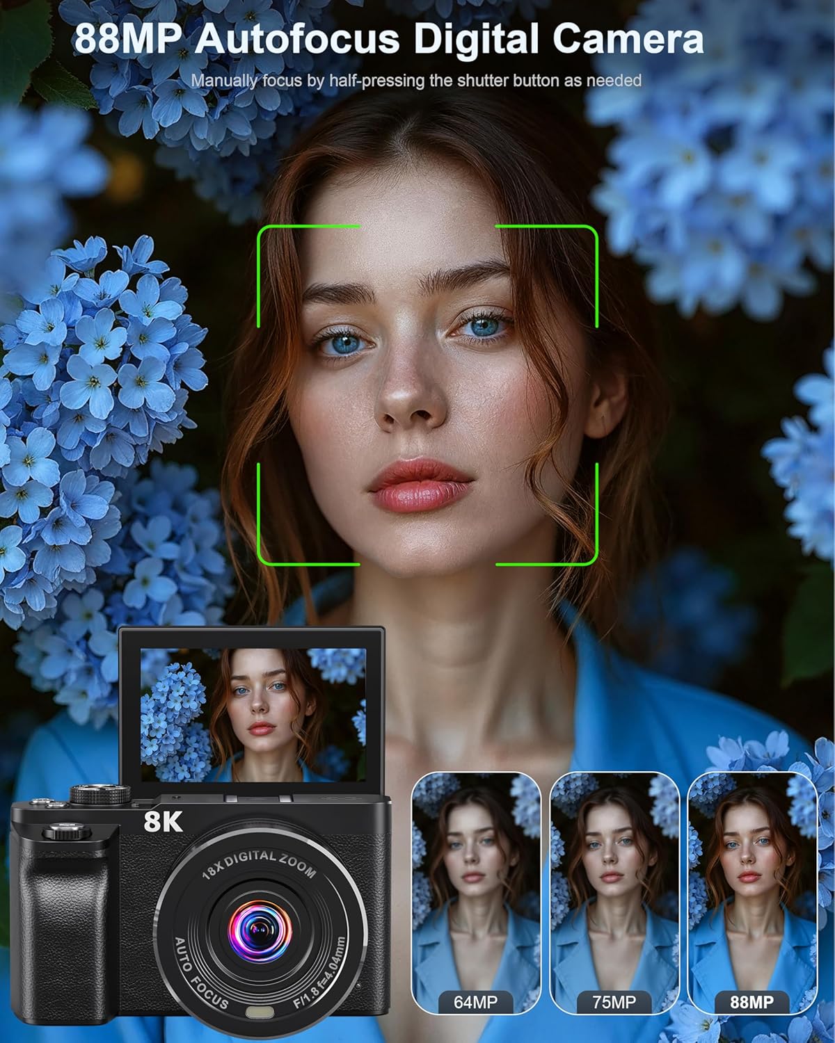 8K Digital Camera, 88MP Cameras for Photography, Vlogging Camera for YouTube with 3" 180° Flip Screen, 18X Zoom UHD Autofocus Video Camara with Lens Hood, 64GB Card