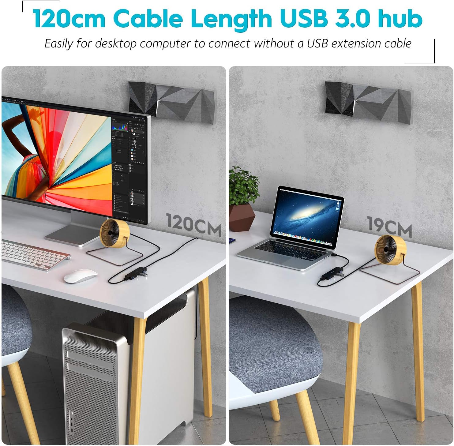 Aceele USB Hub 3.0 Splitter with 4ft Extension Long Cable Cord, 4-Port Ultra-Slim Multiport Expander for Desktop Computer PC, Laptop, Chromebook, Mac mini, iMac, PS4, Flash Drive Data and More