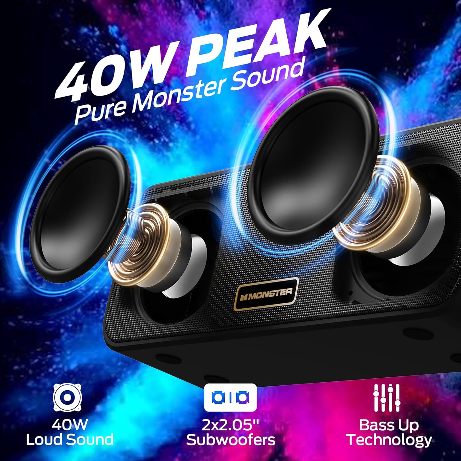 Monster S180 Bluetooth Speaker, Portable Speaker with 40W Stereo Sound, 28H Playtime, Bluetooth 6.0, Support AUX, TF, Wireless Stereo Pairing, IPX6 Waterproof Speaker for Home, Outdoor, Travel