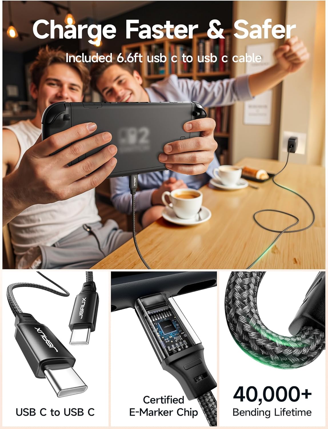 JSAUX 65W USB C Charger for Nintendo Switch 2, Powers in TV Mode, with EU/UK Plug & 6.6FT Cable, GaN PD Fast Charge for ROG Xbox Ally, Steam Deck, ROG Ally, iPhone 17, Galaxy, Tablet & Laptop – Black