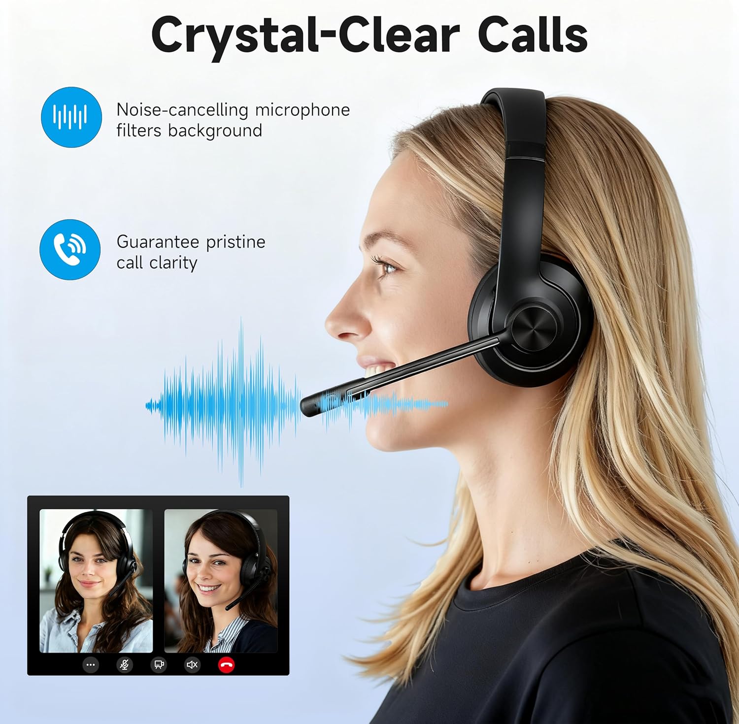 AOC Wireless Headset with Mic for Work, Bluetooth 5.4 Headphones with Noise Canceling Microphone, USB C, 30H, Clear Calls & Mic Mute for PC, Laptop, Cell Phones, Zoom - Black