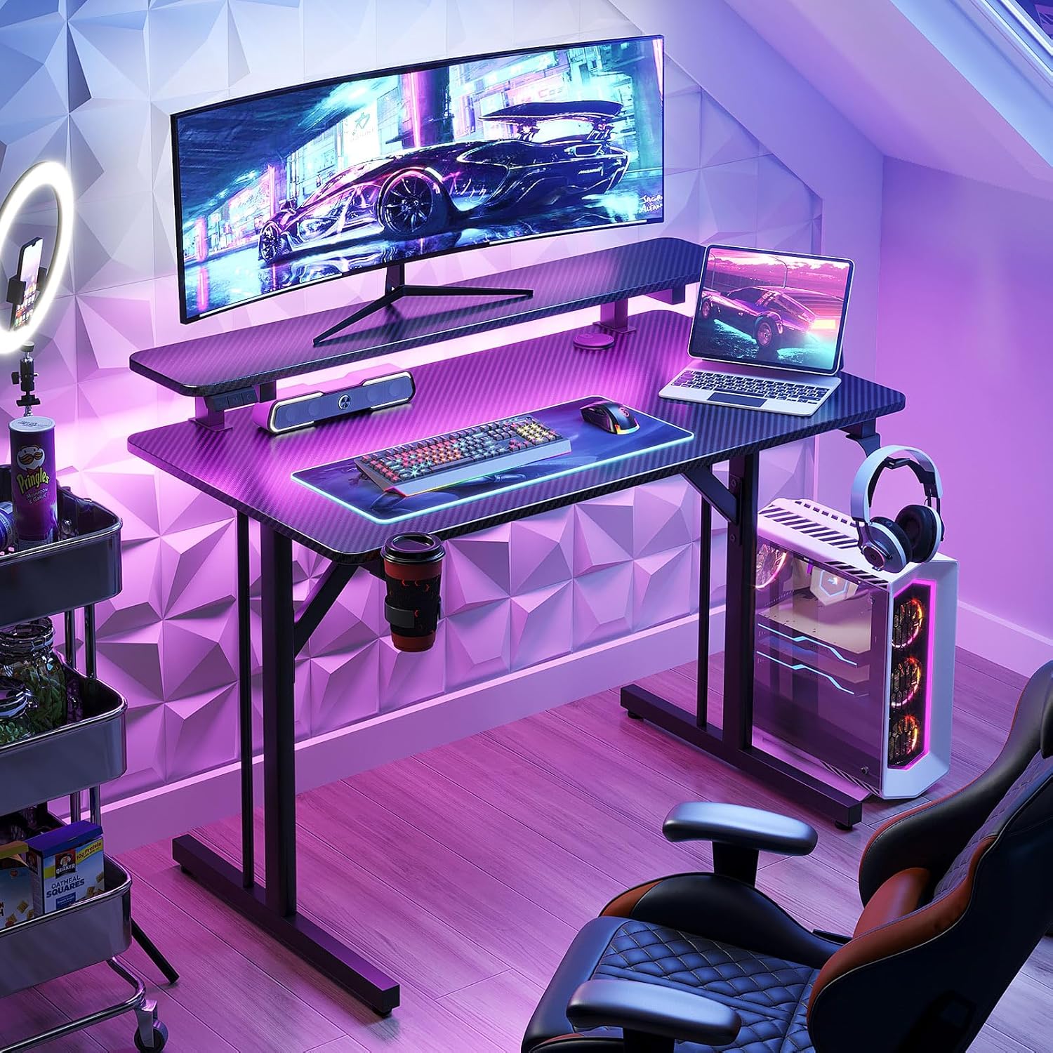 MOTPK 32 Inch Small Gaming Desk with LED Lights, Computer Desk Gaming Table with Monitor Shelf, Gamer Desk with Carbon Fiber Texture, Kids Boys Desk Gift for Men