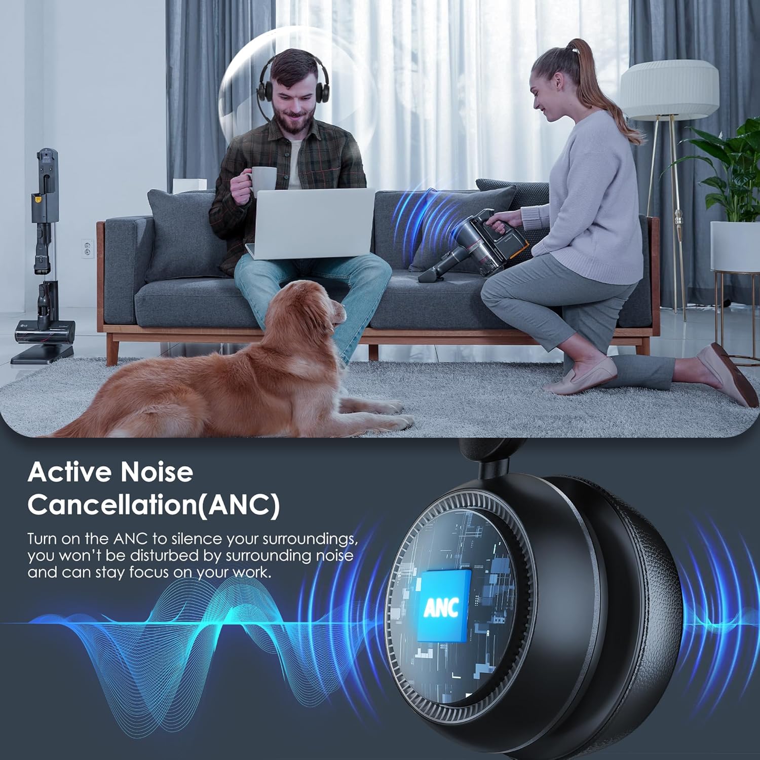 Upgrade ANC & ENC Headset with Microphone for PC, Wireless Headset with Mic for Work(Flip-to-Mute & USB Dongle), Bluetooth 5.4 Noise Cancelling Headphones with Mic for Call Center/Home/Computer/Phones