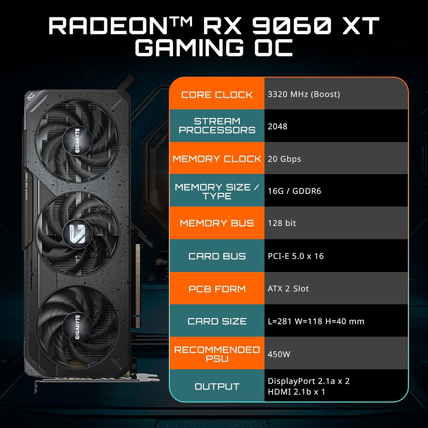 GIGABYTE Radeon RX 9060 XT Gaming OC 16G Graphics Card, PCIe 5.0, 16GB GDDR6, GV-R9060XTGAMING OC-16GD Video Card