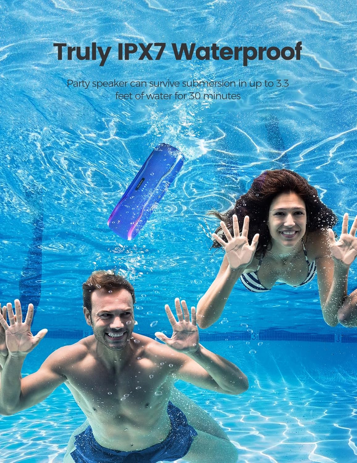 ERKEISEHN Bluetooth Speaker, IPX7 Waterproof Wireless Speakers, Flashing Light, 25W Super Bass, 24H Playtime, Stocking Stuffers White Elephant for Adults, TWS Pairing, Beach Vacation Essentials, Blue