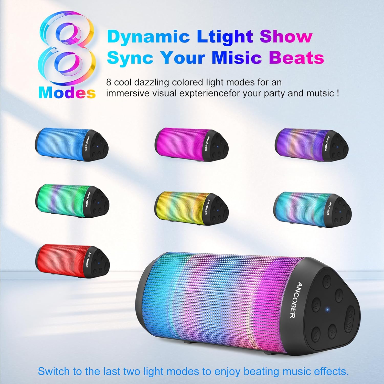 Bluetooth Speaker with Lights, Portable Wireless, Powerful Stereo Sound, IPX4 Waterproof, Up to 24H Playtime, TWS Surround Pair, BT5.3,for Home/Outdoor/Party/Camping, Electronic Gadgets, Birthday Gift