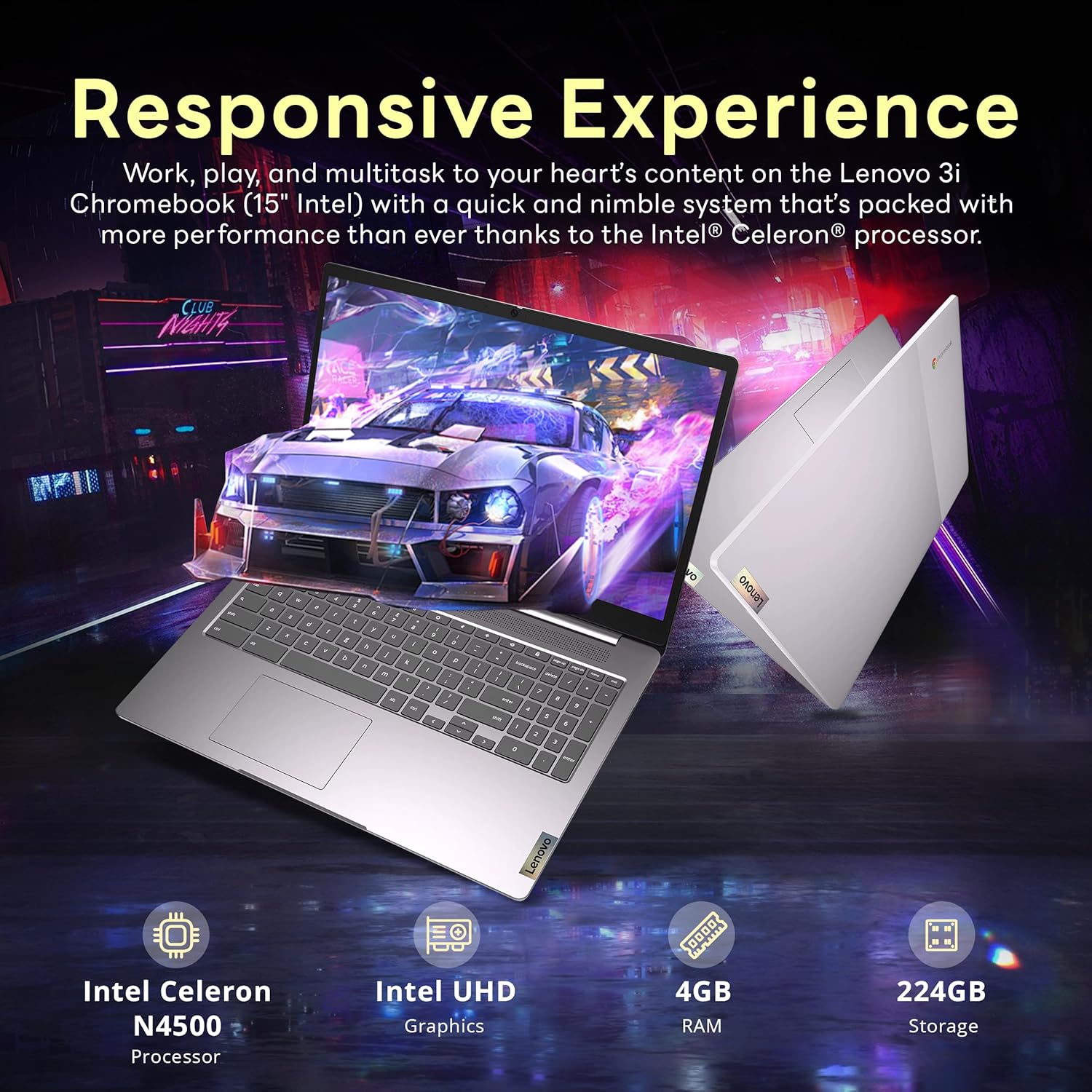 Lenovo Ideapad 3 15.6" FHD Chromebook, Intel Celeron N4500, 4GB RAM, 224GB Storage (64GB SSD+160GB Docking Station Set), ‎Intel UHD Graphics, Full Size Keyboard, Chrome OS, Artic Gray