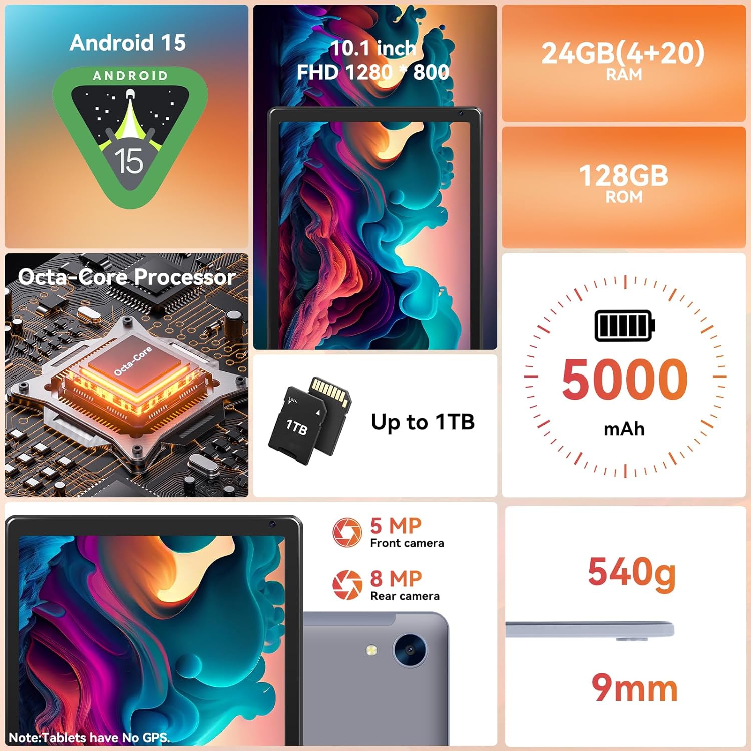 Tablet,10.1" Android Tablet with Octa-core Processor 24GB RAM 128GB ROM HD IPS Touchscreen 8H Battery, Wi-Fi 6, BT 5.0, Dual Camera, Android 15 Tablets 2025