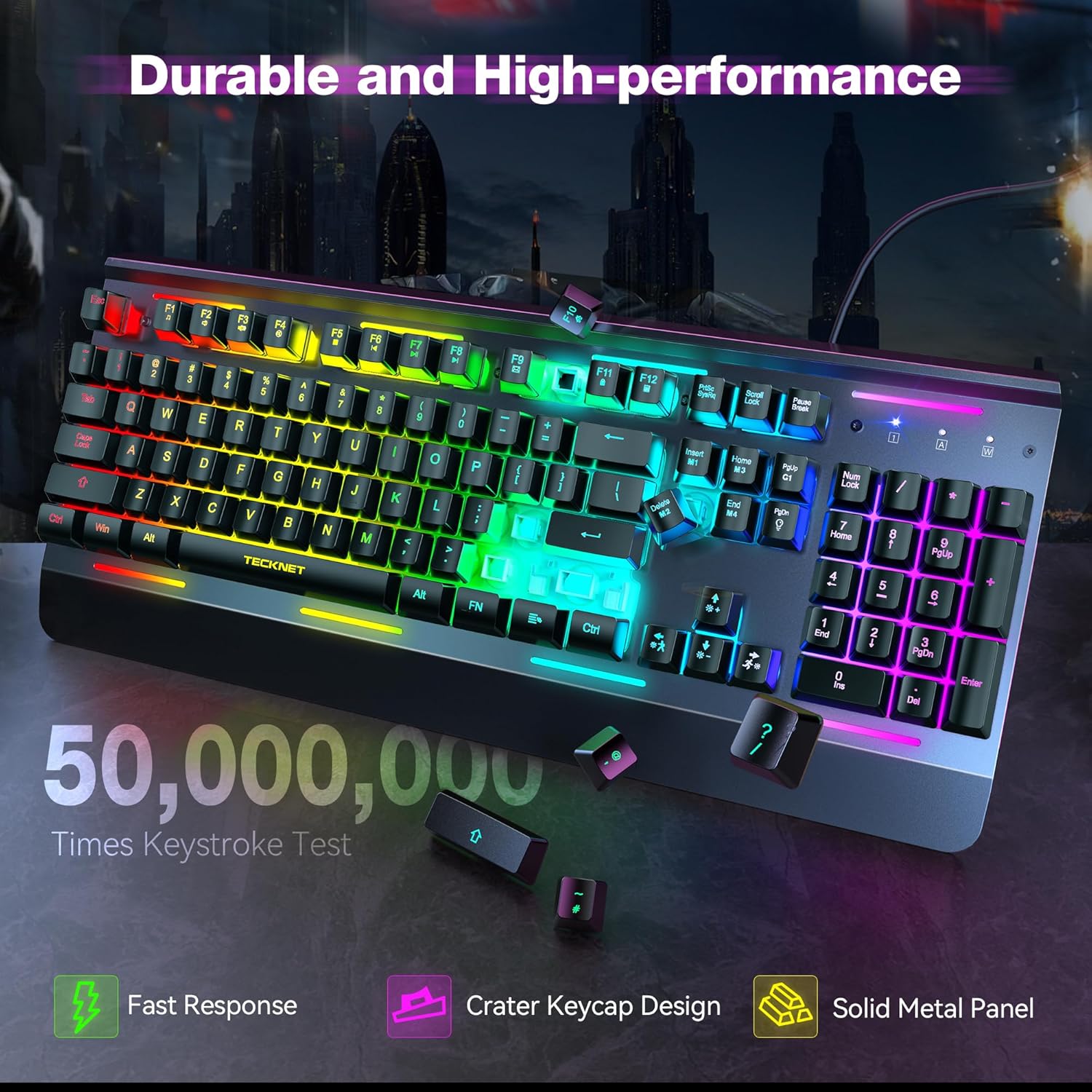TECKNET Gaming Keyboard, USB Wired Computer Keyboard, 15-Zone RGB Illumination, IP32 Water Resistance, 25 Anti-ghosting Keys, All-Metal Panel (Whisper Quiet Gaming Switch)