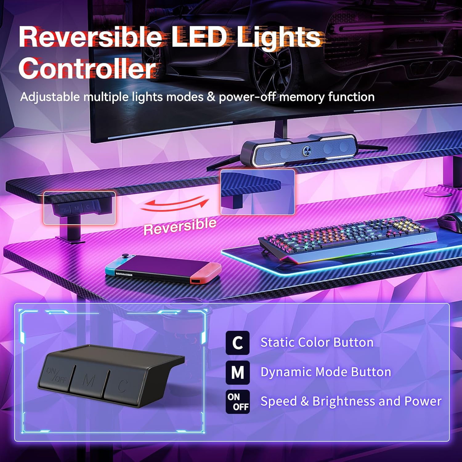 MOTPK 32 Inch Small Gaming Desk with LED Lights, Computer Desk Gaming Table with Monitor Shelf, Gamer Desk with Carbon Fiber Texture, Kids Boys Desk Gift for Men