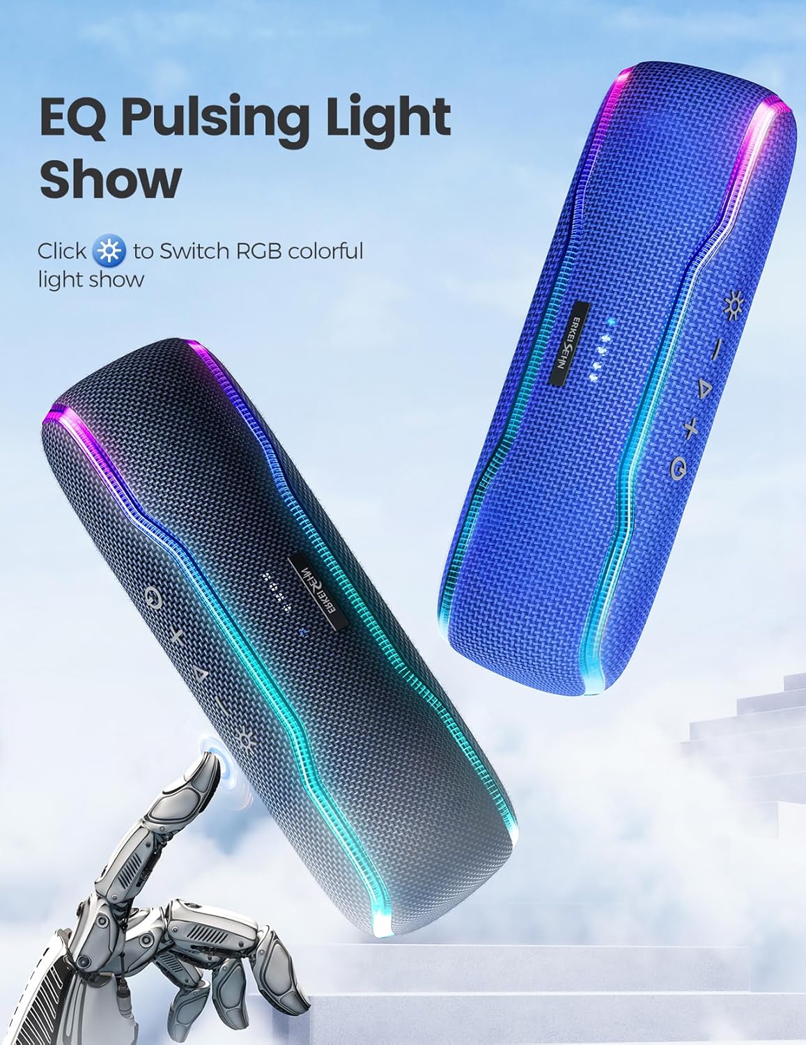 ERKEISEHN Bluetooth Speaker, IPX7 Waterproof Wireless Speakers, Flashing Light, 25W Super Bass, 24H Playtime, Stocking Stuffers White Elephant for Adults, TWS Pairing, Beach Vacation Essentials, Blue