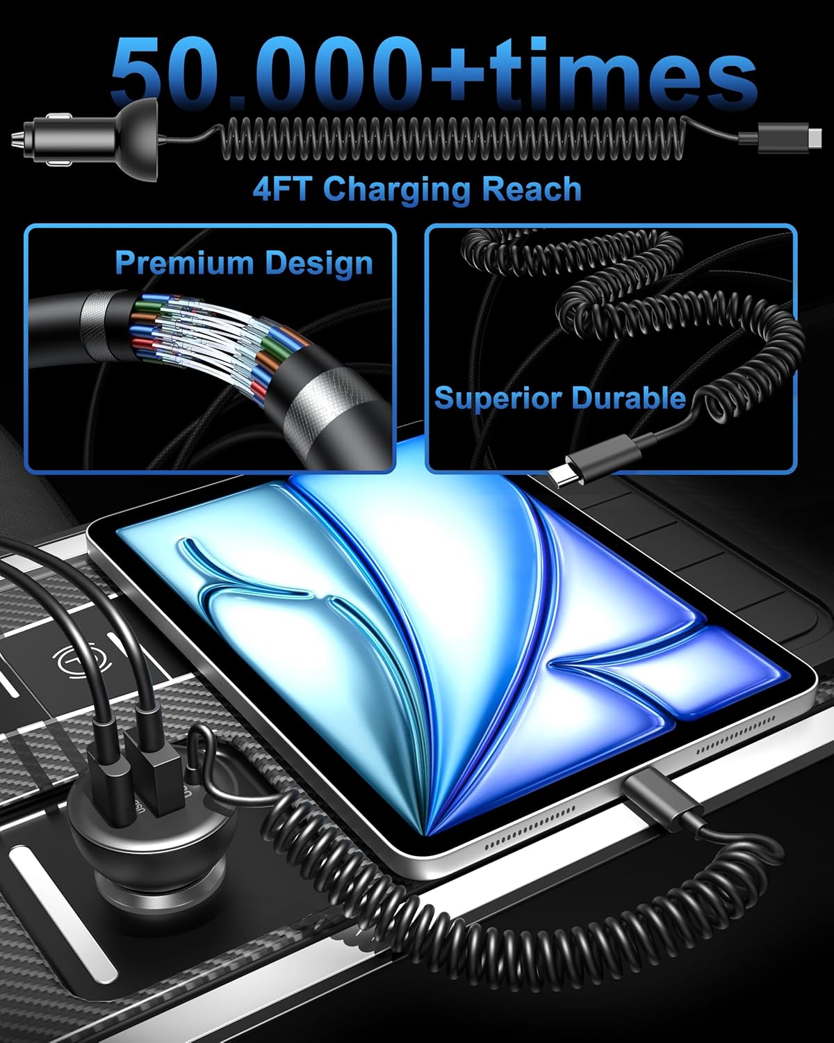 90W iPhone 17/17 Pro Max/Air Car Charger Fast Charging, 3-Port USB C Fast Car Charger Cigarette Lighter Adapter & 4FT USB-C Coiled Cable for iPhone 17/Air/17 Pro /16/15 Pro Max/Plus, iPad, Android