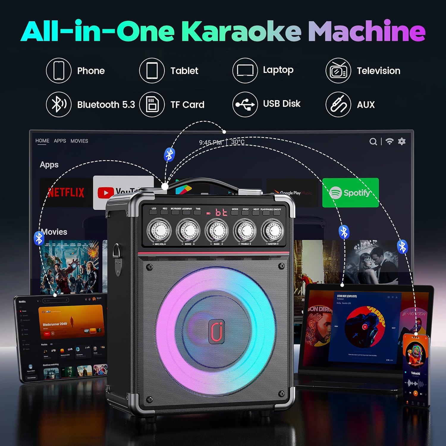 Karaoke Machine for Adults with 2 Wireless Microphones, Portable Bluetooth 5.3 Speaker with Bass/Treble/Echo Adjustment, PA System with Remote Control, Supports TWS/TV/TF Card/USB/AUX