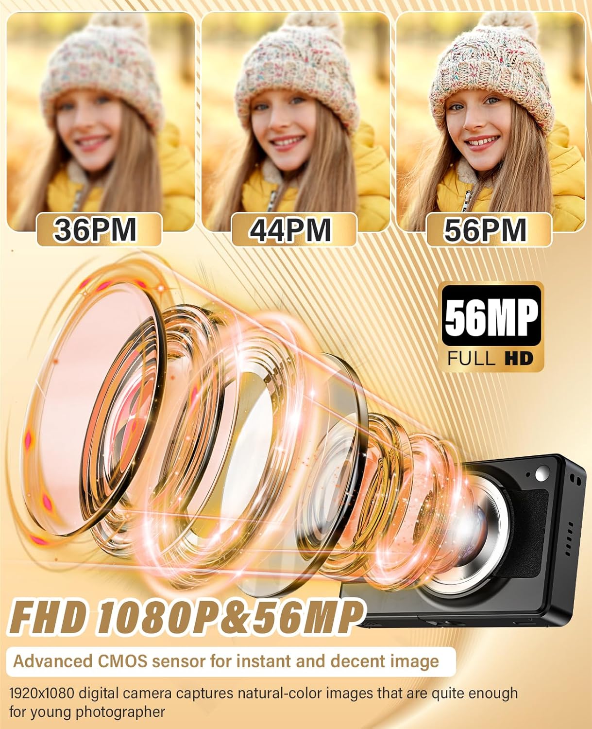 2025 New Digital Camera, 56MP FHD 1080P for Kids with 16x Digital Zoom Anti Shake, Face Detect, Smile Capture, 32GB TF Card, Battery, Lanyard, a Great Gift for Boys & Girls（Black