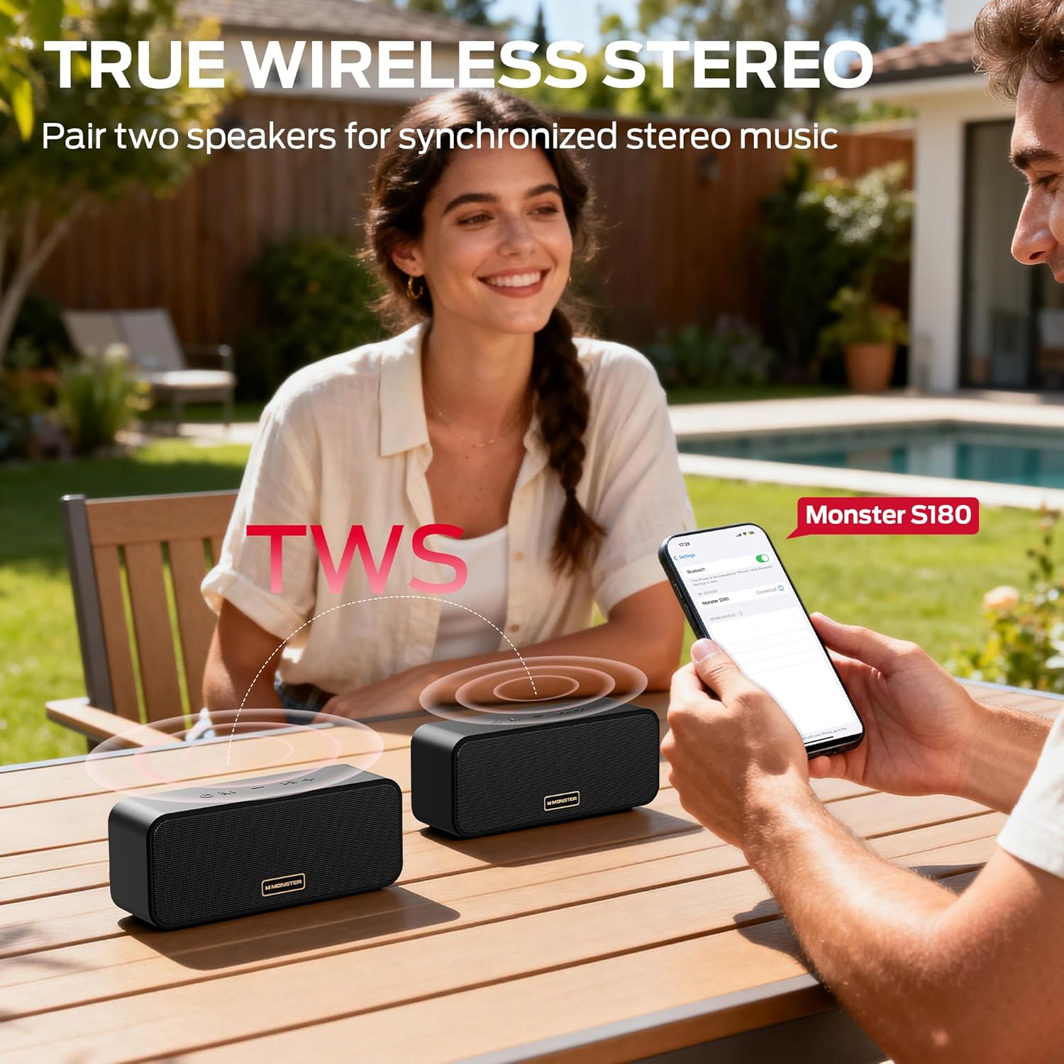 Monster S180 Bluetooth Speaker, Portable Speaker with 40W Stereo Sound, 28H Playtime, Bluetooth 6.0, Support AUX, TF, Wireless Stereo Pairing, IPX6 Waterproof Speaker for Home, Outdoor, Travel