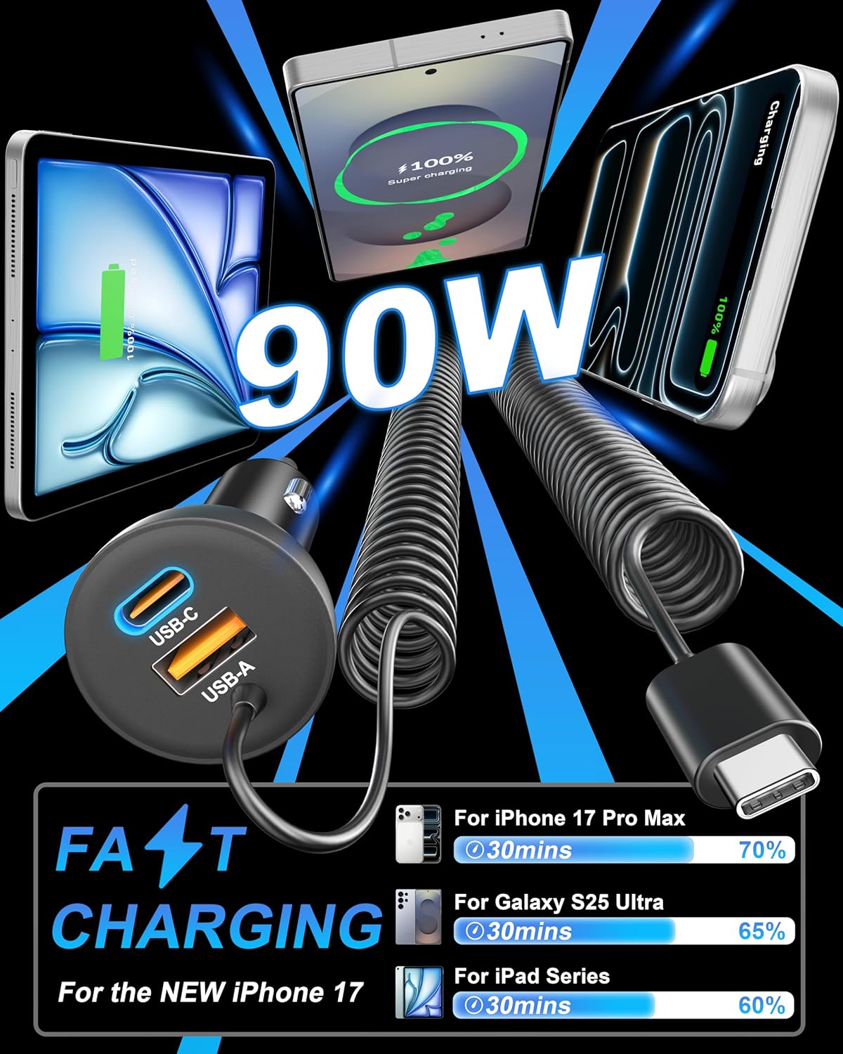 90W iPhone 17/17 Pro Max/Air Car Charger Fast Charging, 3-Port USB C Fast Car Charger Cigarette Lighter Adapter & 4FT USB-C Coiled Cable for iPhone 17/Air/17 Pro /16/15 Pro Max/Plus, iPad, Android