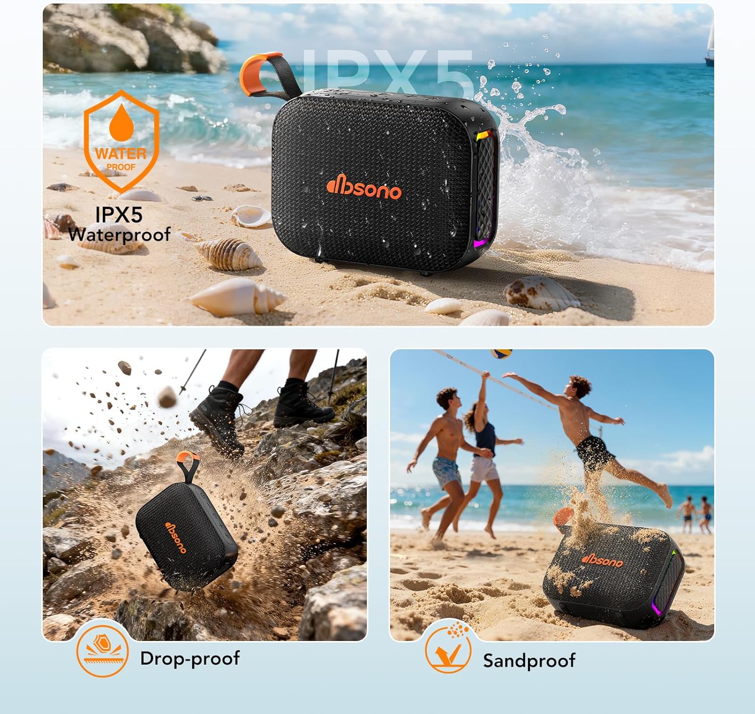 Portable Bluetooth Speaker Waterproof Gift: IPX5 HD Sound Up to 24H Playtime, TWS Pairing, Wireless Speakers with Lights, Travel Essentials Valentines Birthday Gifts for Men Women Boys Girls-Black