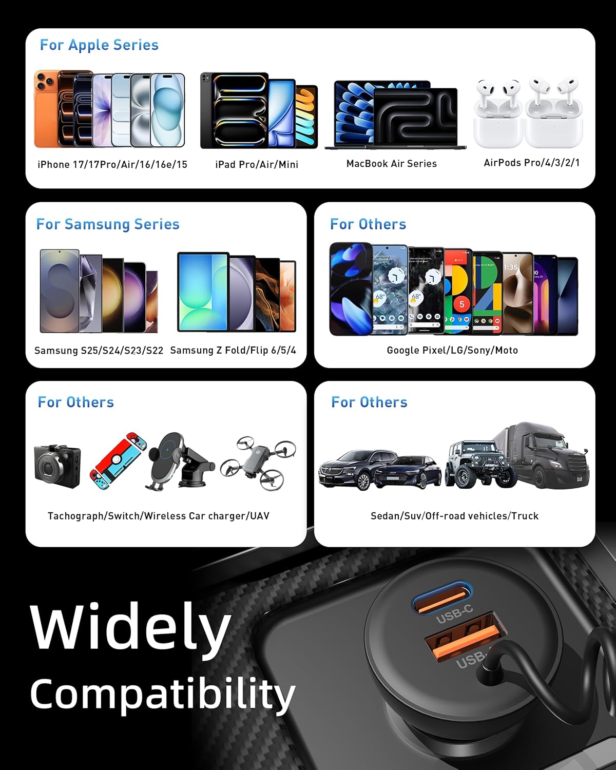 90W iPhone 17/17 Pro Max/Air Car Charger Fast Charging, 3-Port USB C Fast Car Charger Cigarette Lighter Adapter & 4FT USB-C Coiled Cable for iPhone 17/Air/17 Pro /16/15 Pro Max/Plus, iPad, Android