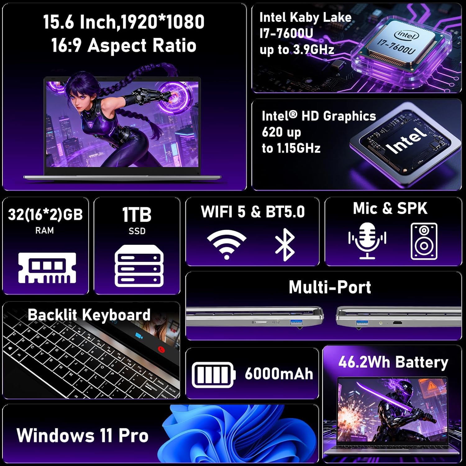 2026 New Gaming Laptop, 15.6 Inch Lap Top PC Windows 11 Pro, 32GB RAM 1TB SSD,Intel Core i7-7600U Processor(Up to 3.9GHz), 2 Years Warranty, FHD 1920 * 1080, Backlit, 180°Open, 6000mAh/46.2Wh