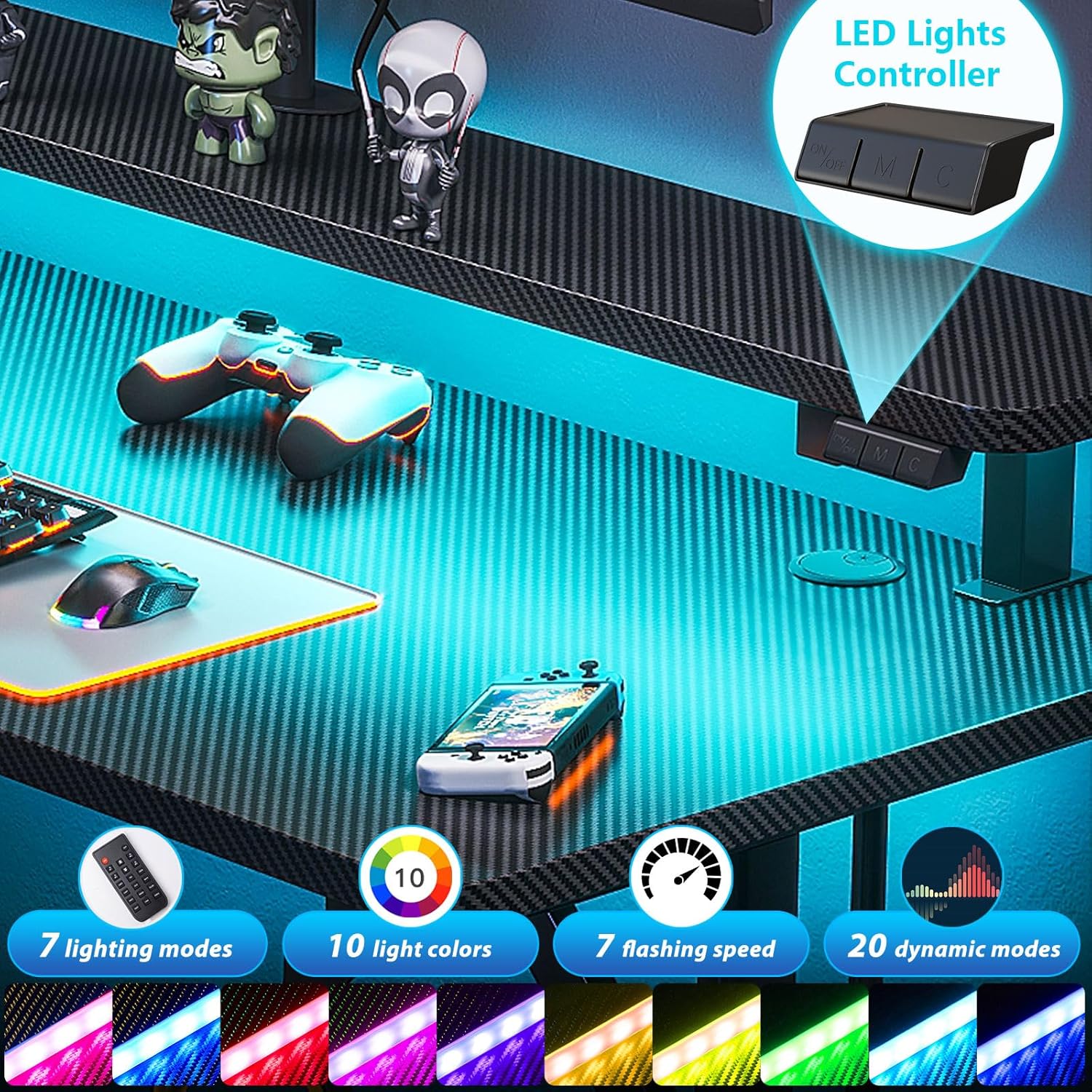 MOTPK 32 Inch Small Gaming Desk with LED Lights, Computer Desk Gaming Table with Monitor Shelf, Gamer Desk with Carbon Fiber Texture, Kids Boys Desk Gift for Men