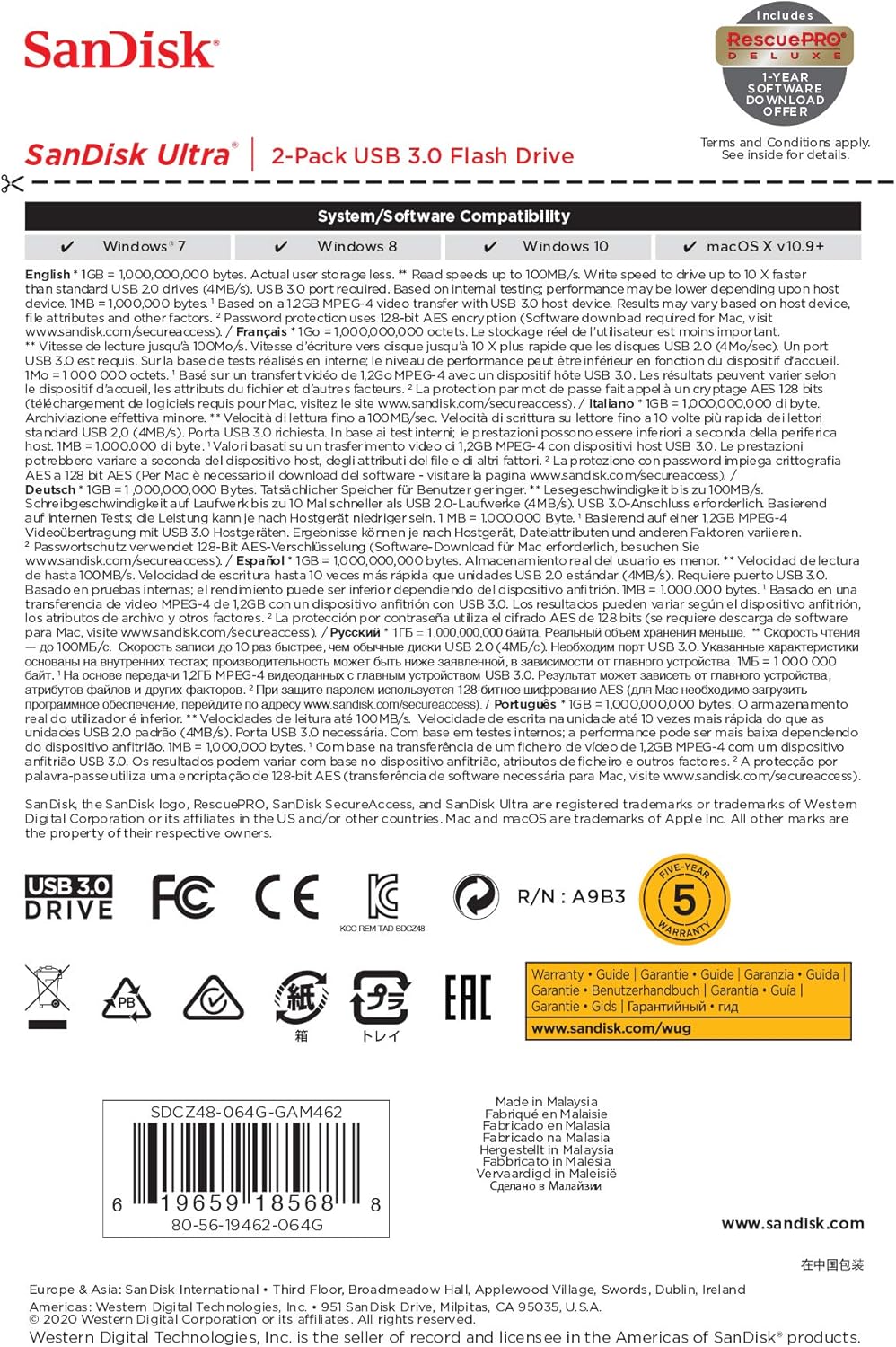 SanDisk 64GB 2-Pack Ultra USB 3.0 Flash Drive (2x64GB) - SDCZ48-064G-GAM462, Black