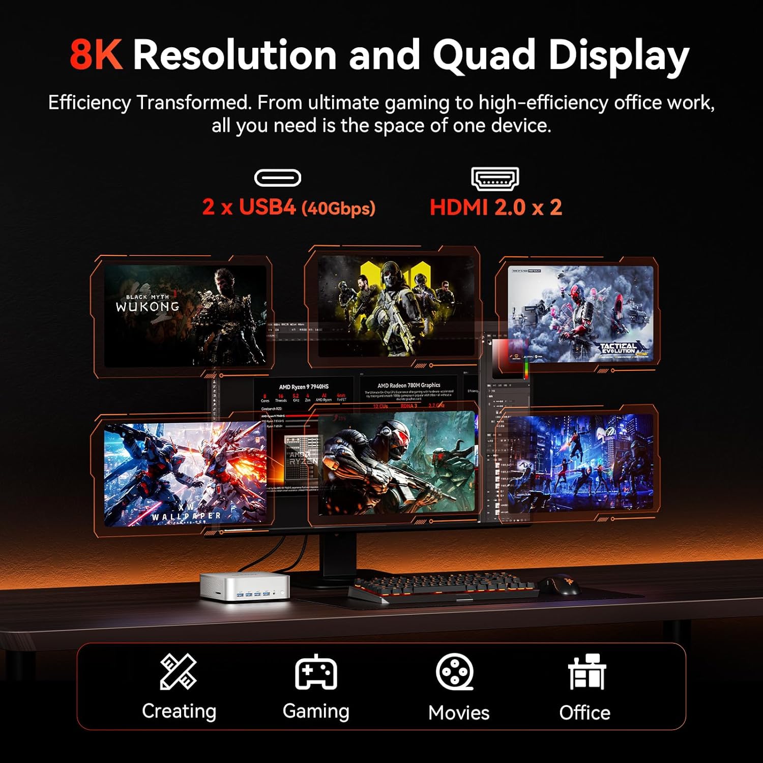 GEEKOM [2026 Edition] Mini PC AI A7 MAX with AMD Ryzen 9 7940HS 16GB DDR5(Not LPDDR) & 1TB SSD(Expandable) Desktop Mini Computers for Creation,Radeon 780M Graphics 4 Modes|Premium Support|USB4|8K|SD