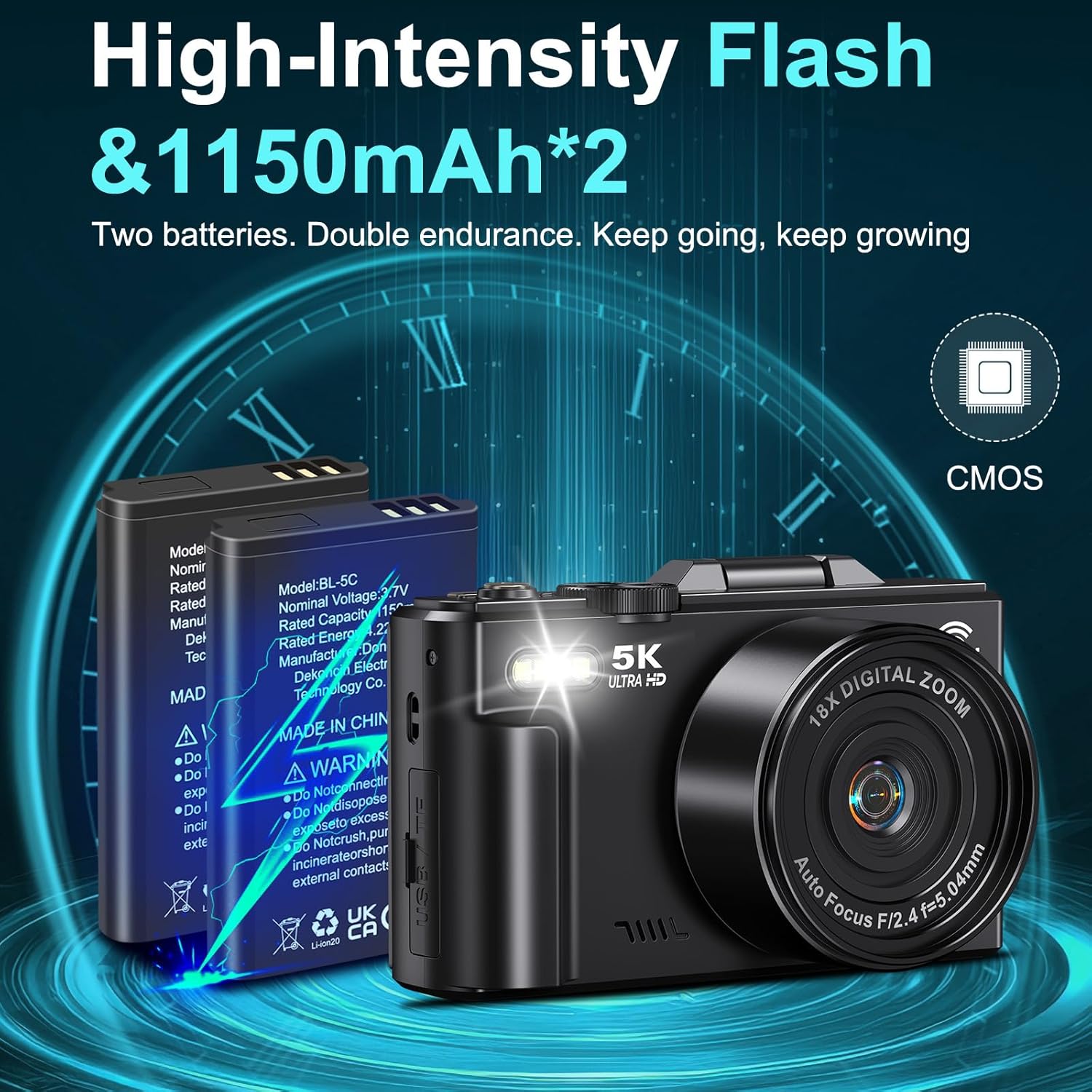 5K Digital Camera for Photography - 75MP WiFi Vlogging Camera for YouTube - UHD 18X Zoom Digital Cameras with Flip Screen 3