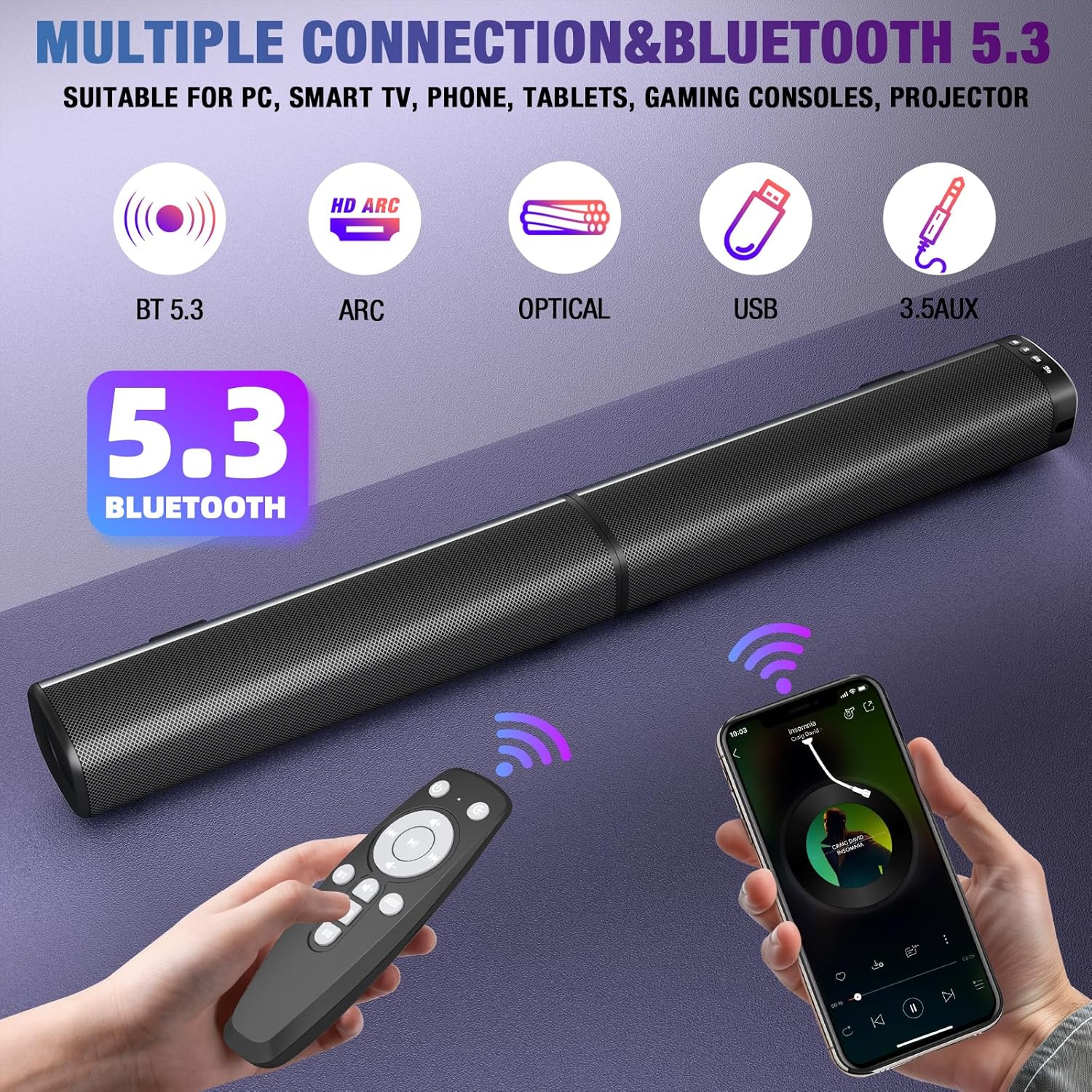 Sound Bar, 100W Sound Bar for Smart TV, Bluetooth 5.3 Soundbar, 2 in 1 Detachable Home Speaker Bass Effect, Home Theater Surround Sound, ARC/Optical/AUX/USB Connections, for TV/PC/Projectors