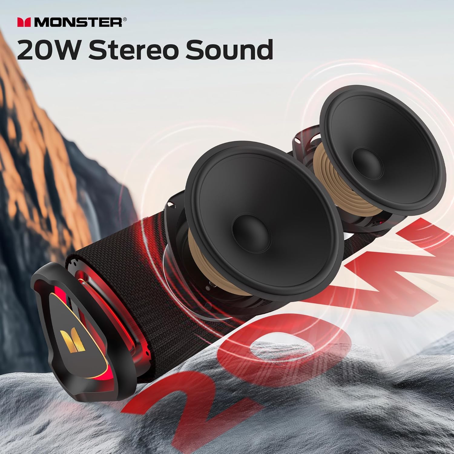 Monster Prism Portable Bluetooth Speaker, Wireless Speakers with 20W Stereo Sound, IPX6 Waterproof, 24H Playtime, Bluetooth 6.0, TWS Pairing, AUX & TF-Card Input, for Home/Outdoors/Beach/Travel