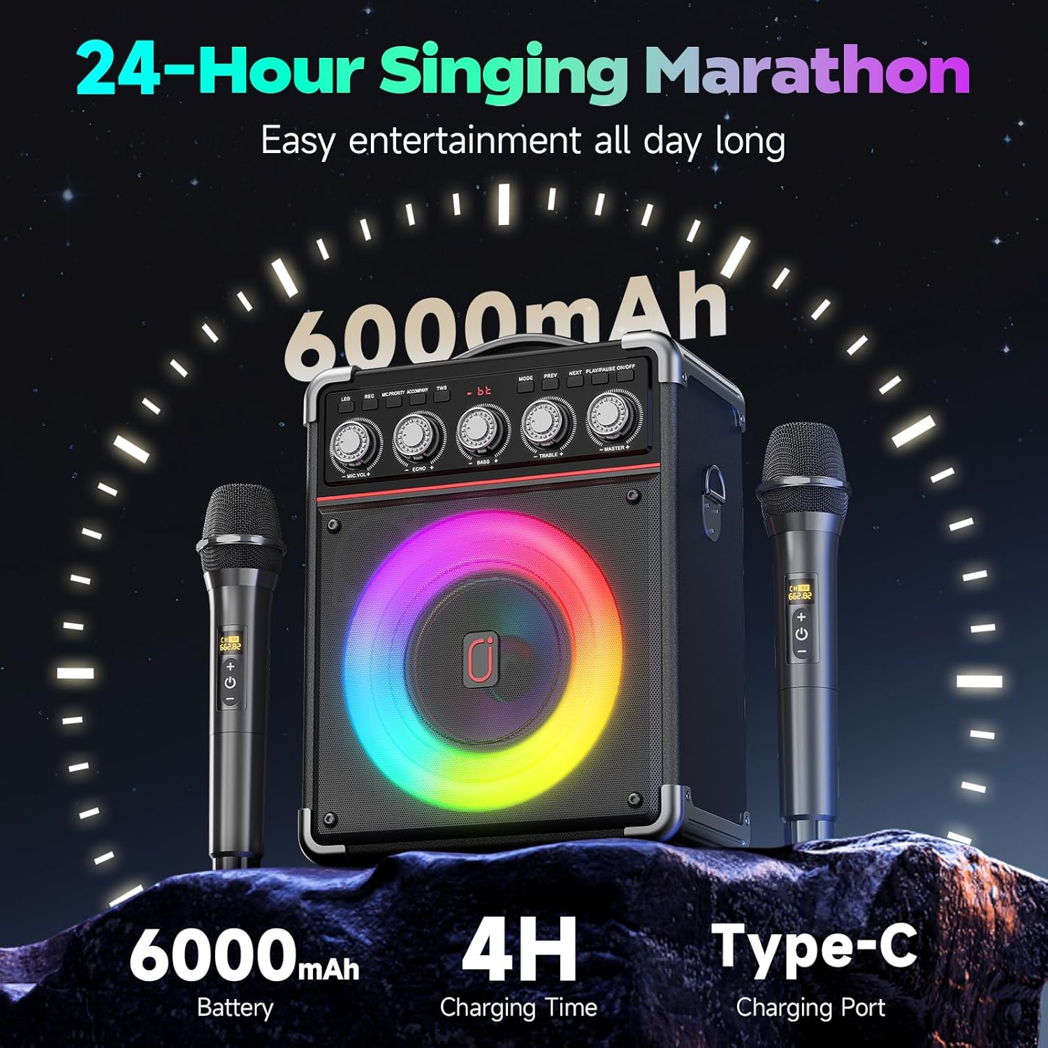 Karaoke Machine for Adults with 2 Wireless Microphones, Portable Bluetooth 5.3 Speaker with Bass/Treble/Echo Adjustment, PA System with Remote Control, Supports TWS/TV/TF Card/USB/AUX