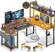 Small L Shaped Gaming Desk with Power Outlets, 48" Reversible L Shaped LED Computer Desk with Monitor Stand & Storage Shelf, Corner Gamer Desk Home Office Desk with Storage Bag, Rustic Brown