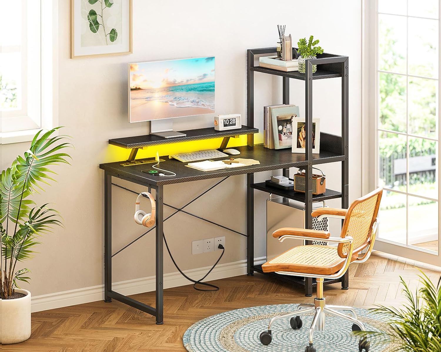 ODK Reversible Gaming Desk LED Lights, 40 Inch Computer Desk with Storage Shelves & Monitor Stand, Study Table for Home Office, Small Space Bedroom, Carbon Fiber Black