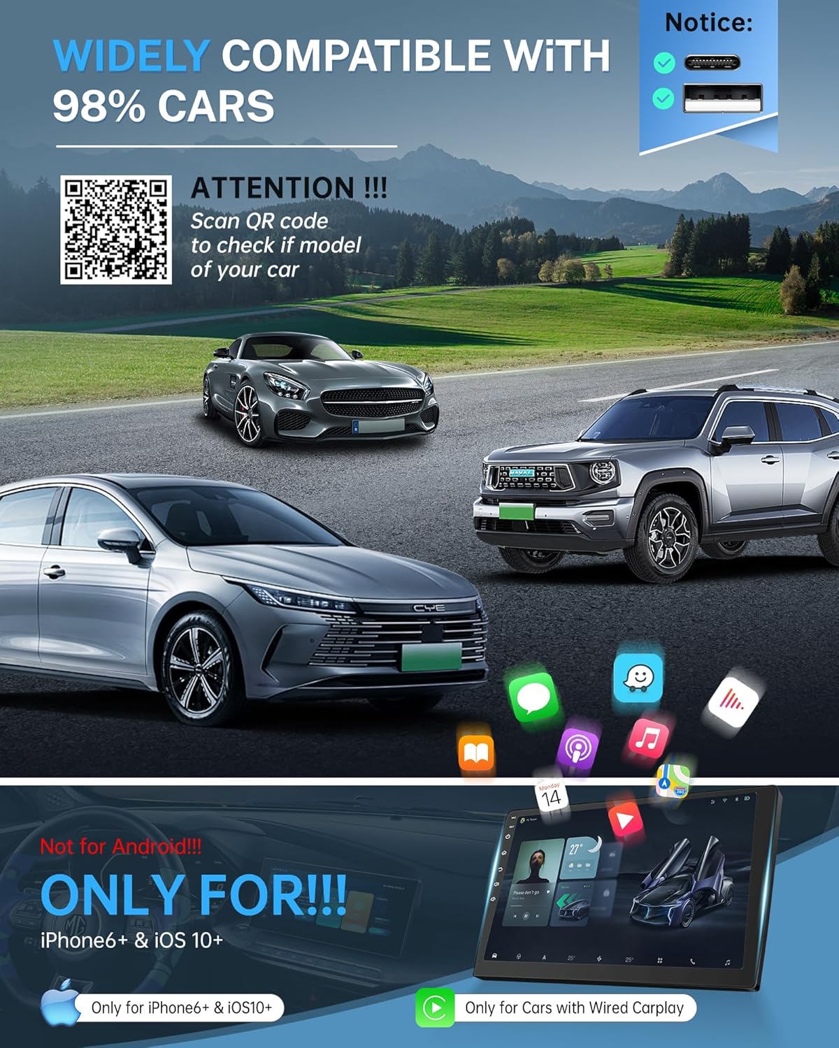 Jemluse Wireless CarPlay Adapter for Apple iPhone - Multi-User Seamless Connection for Convert Wired to Wireless Car Play Adapter - No Latency from iOS 10+ to Screen w/USB C (Gray)