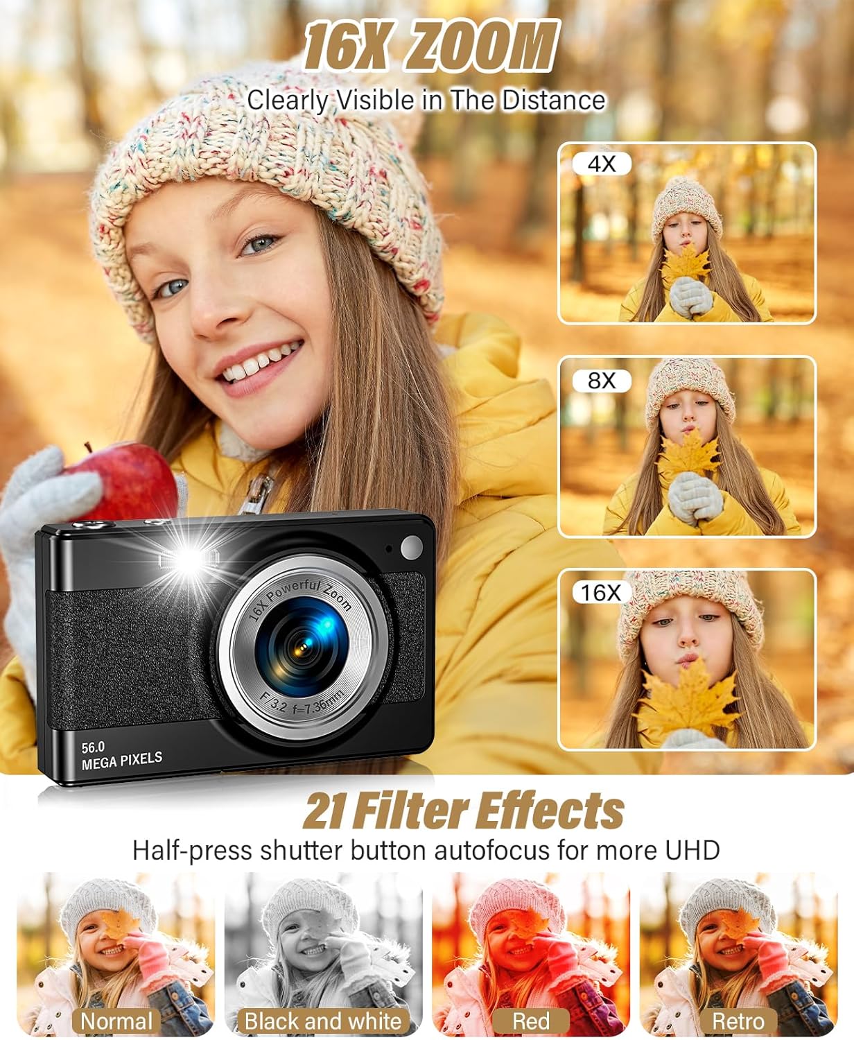 2025 New Digital Camera, 56MP FHD 1080P for Kids with 16x Digital Zoom Anti Shake, Face Detect, Smile Capture, 32GB TF Card, Battery, Lanyard, a Great Gift for Boys & Girls（Black