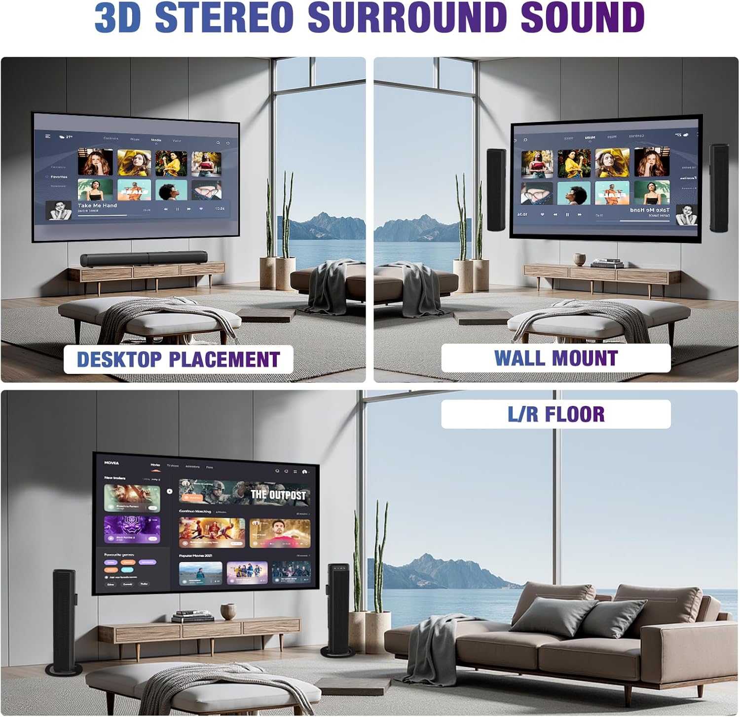 Sound Bar, 100W Sound Bar for Smart TV, Bluetooth 5.3 Soundbar, 2 in 1 Detachable Home Speaker Bass Effect, Home Theater Surround Sound, ARC/Optical/AUX/USB Connections, for TV/PC/Projectors