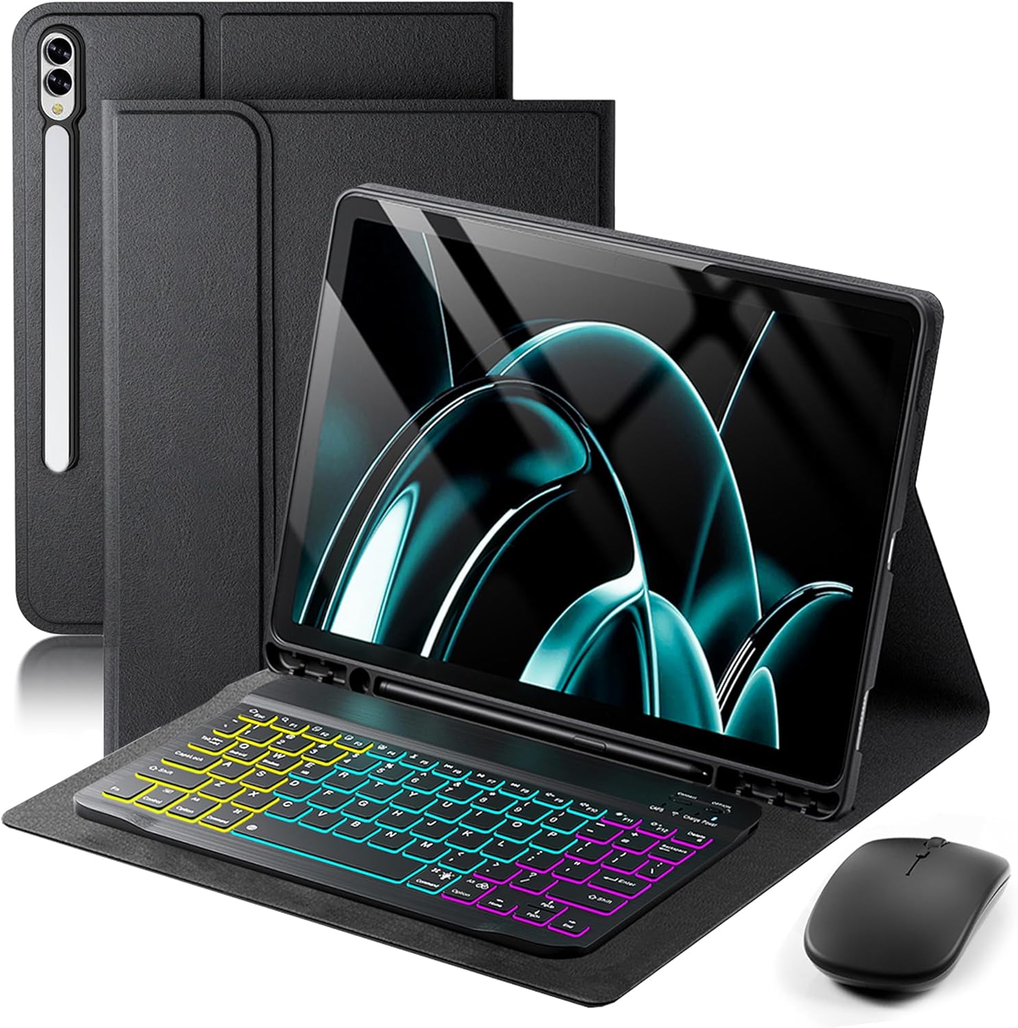 Case Keyboard for Samsung Galaxy Tab S11 Ultra / S10 Ultra / S9 Ultra / S8 Ultra 14.6 inch Cover - 7 Color Rainbow Change Backlit Detachable Magnetic Keyboard with S Pen Holder with Mouse - Black