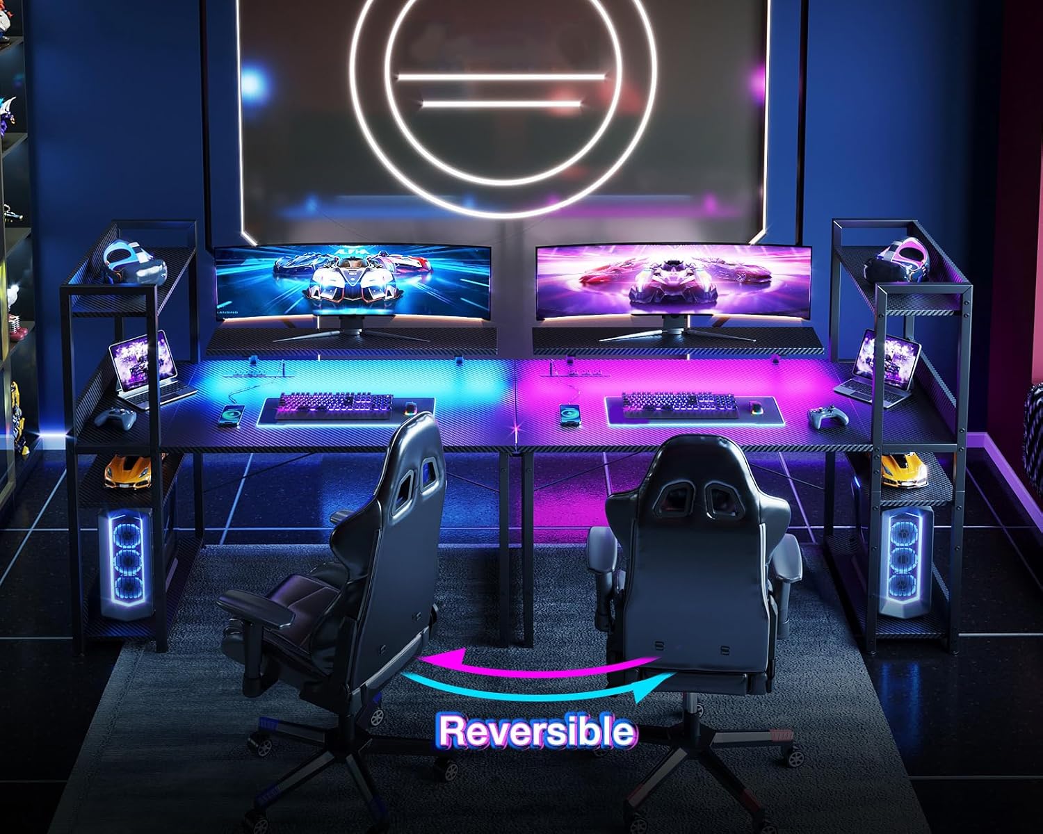 ODK Reversible Gaming Desk LED Lights, 40 Inch Computer Desk with Storage Shelves & Monitor Stand, Study Table for Home Office, Small Space Bedroom, Carbon Fiber Black
