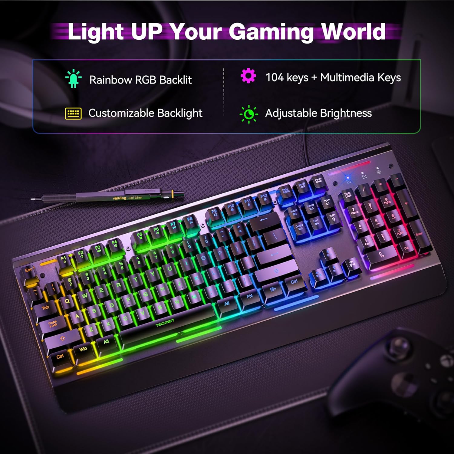 TECKNET Gaming Keyboard, USB Wired Computer Keyboard, 15-Zone RGB Illumination, IP32 Water Resistance, 25 Anti-ghosting Keys, All-Metal Panel (Whisper Quiet Gaming Switch)