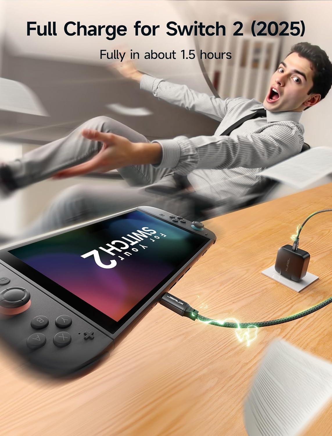 JSAUX 65W USB C Charger for Nintendo Switch 2, Powers in TV Mode, with EU/UK Plug & 6.6FT Cable, GaN PD Fast Charge for ROG Xbox Ally, Steam Deck, ROG Ally, iPhone 17, Galaxy, Tablet & Laptop – Black