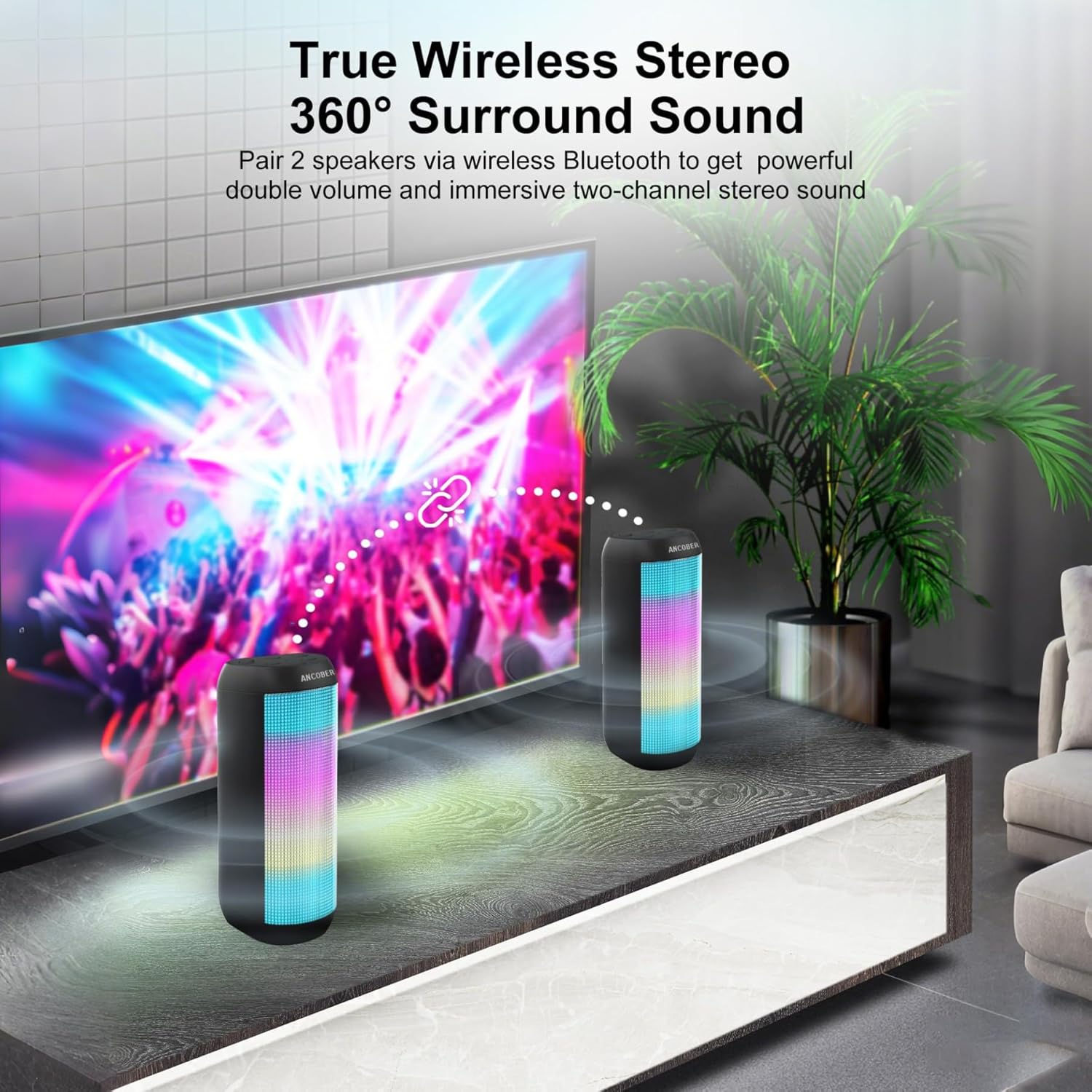 Bluetooth Speaker with Lights, Portable Wireless, Powerful Stereo Sound, IPX4 Waterproof, Up to 24H Playtime, TWS Surround Pair, BT5.3,for Home/Outdoor/Party/Camping, Electronic Gadgets, Birthday Gift