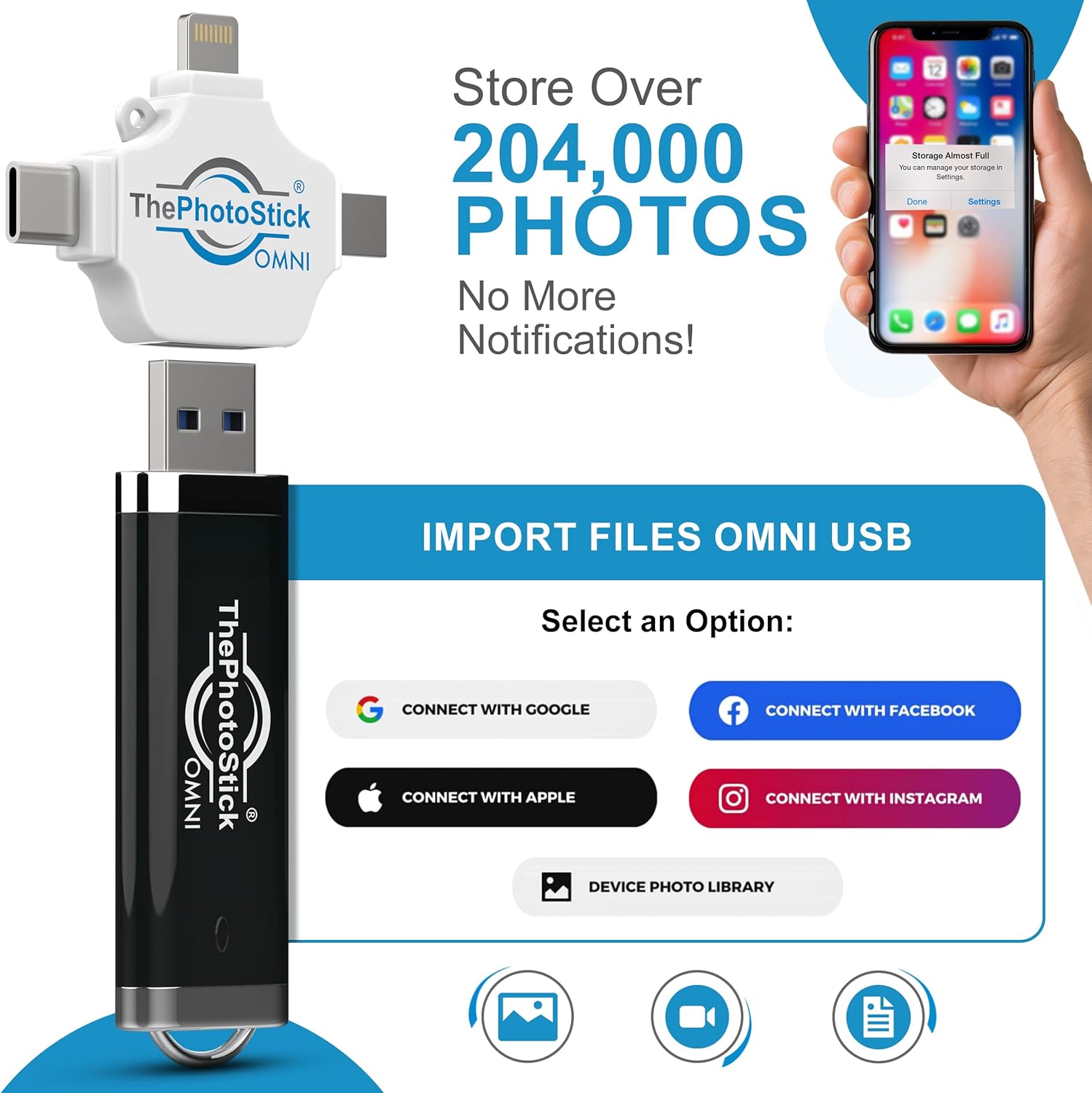 ThePhotoStick® Omni 128GB USB Flash Drive & Memory Stick – Photo & Video Backup for iPhone, Android, Mac & PC – Multiport Connection to Easily Store & Transfer Files