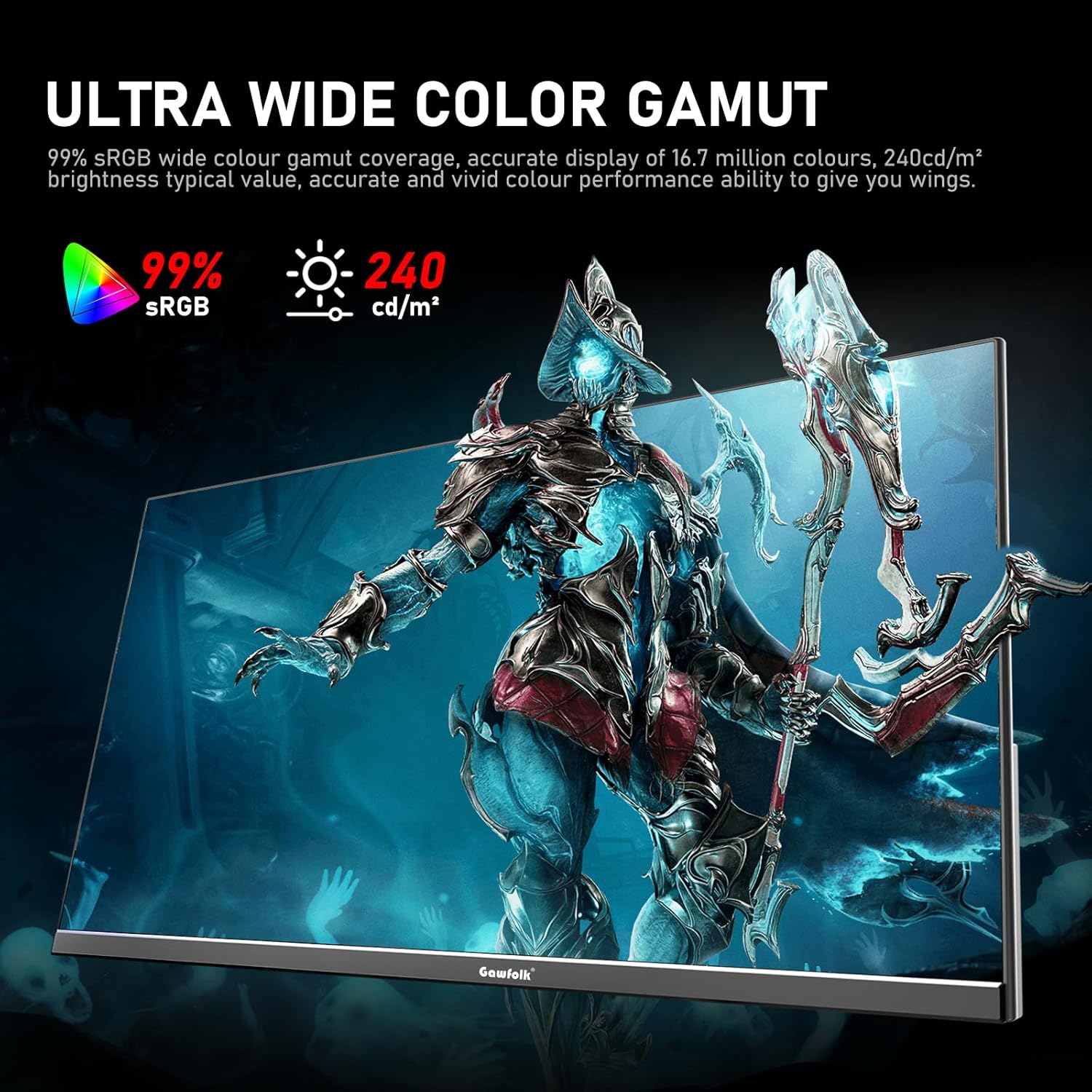 Gawfolk 24.5 Inch PC 200Hz Gaming Monitor, FHD 1080p screen, Built-in speakers,1ms without Bezel, freesync, 99% sRGB, 178 ° Angle View, HDMI、DisplayPort, Compatible with wall mounting 75*75MM - Black