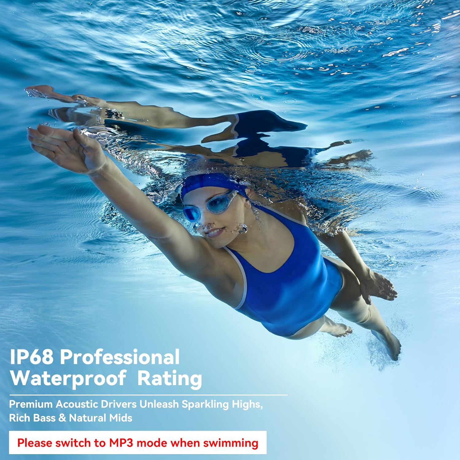 Soft Overmold Bone Conduction Swimming Headphones Underwater,IPX8 Waterproof Earbuds,Open Ear Swim Headphone with Skin-Friendly Liquid Silicone/Built-in 32G MP3-Player Earphones for Swimming-Dark Blue